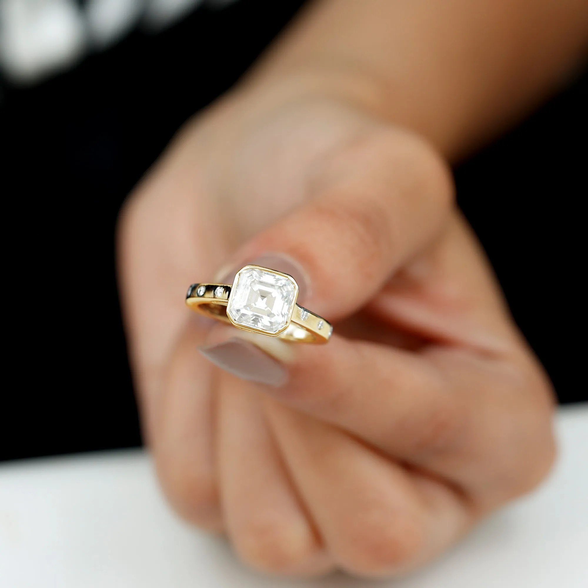 7 MM Asscher Cut Moissanite Solitaire Ring in Bezel Setting with Sleek Accent
