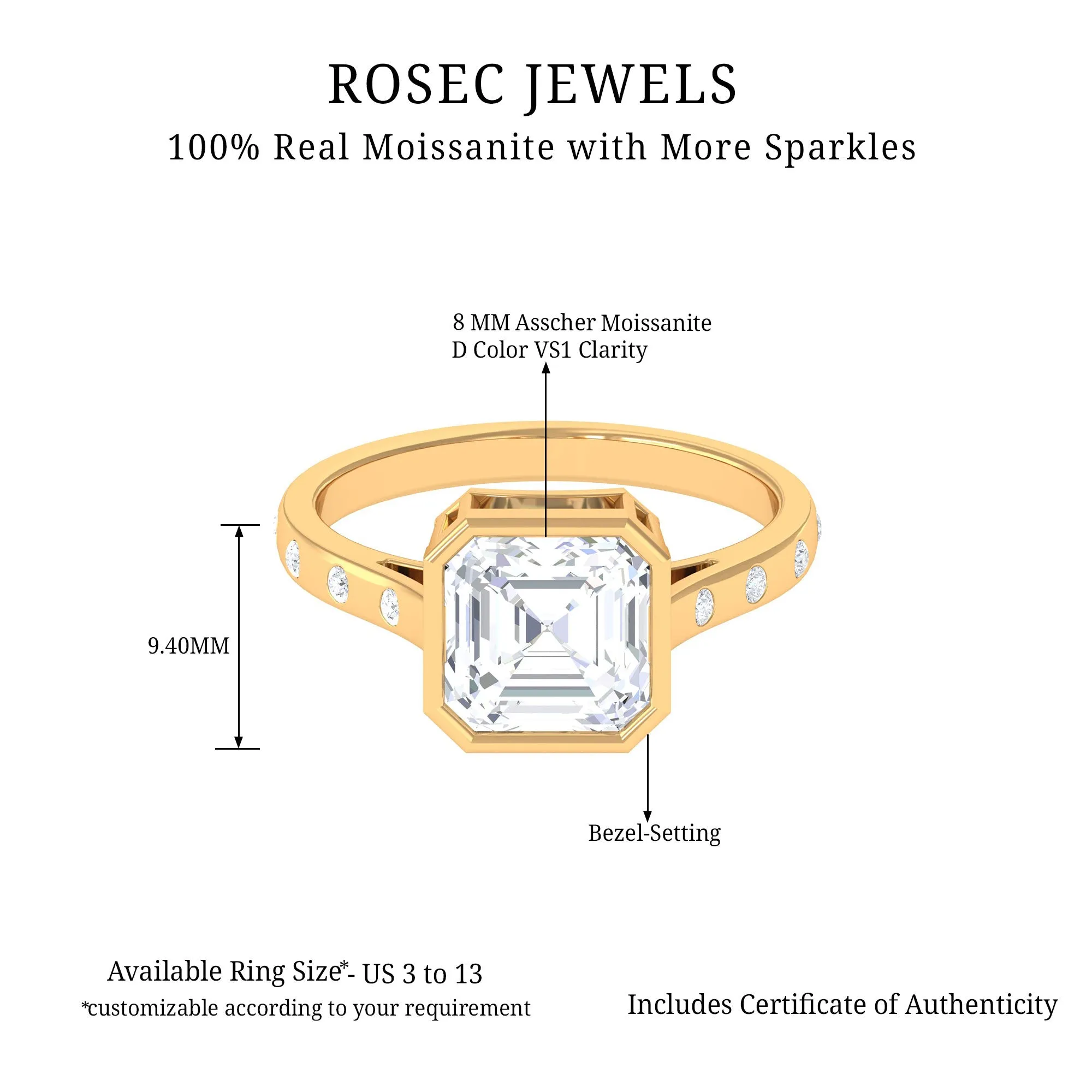 7 MM Asscher Cut Moissanite Solitaire Ring in Bezel Setting with Sleek Accent