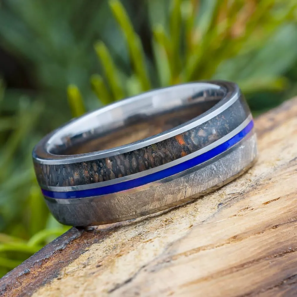 8mm Dinosaur Meteorite Ring with Blue Enamel Pinstripe