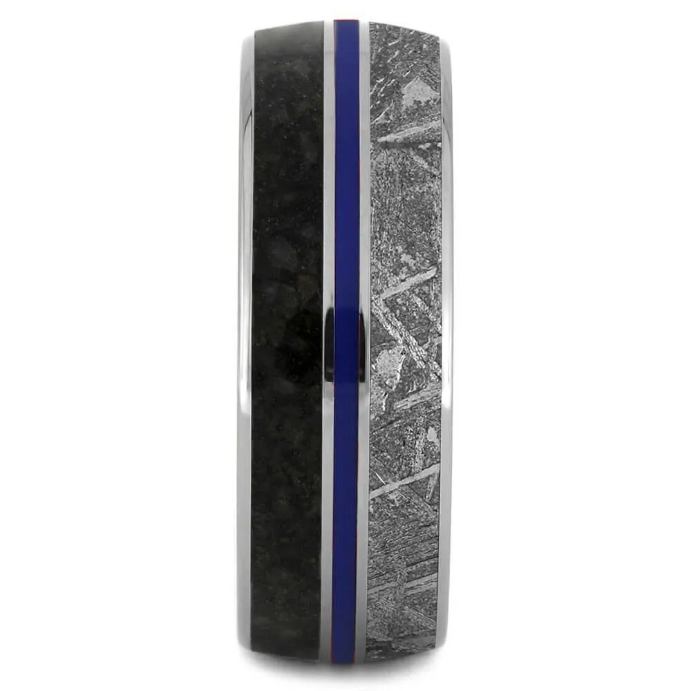 8mm Dinosaur Meteorite Ring with Blue Enamel Pinstripe