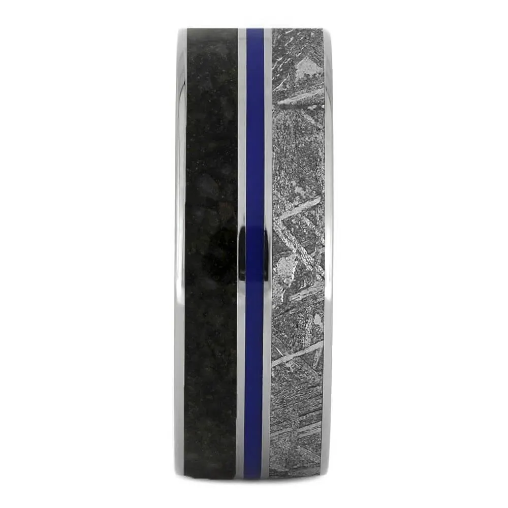 8mm Dinosaur Meteorite Ring with Blue Enamel Pinstripe