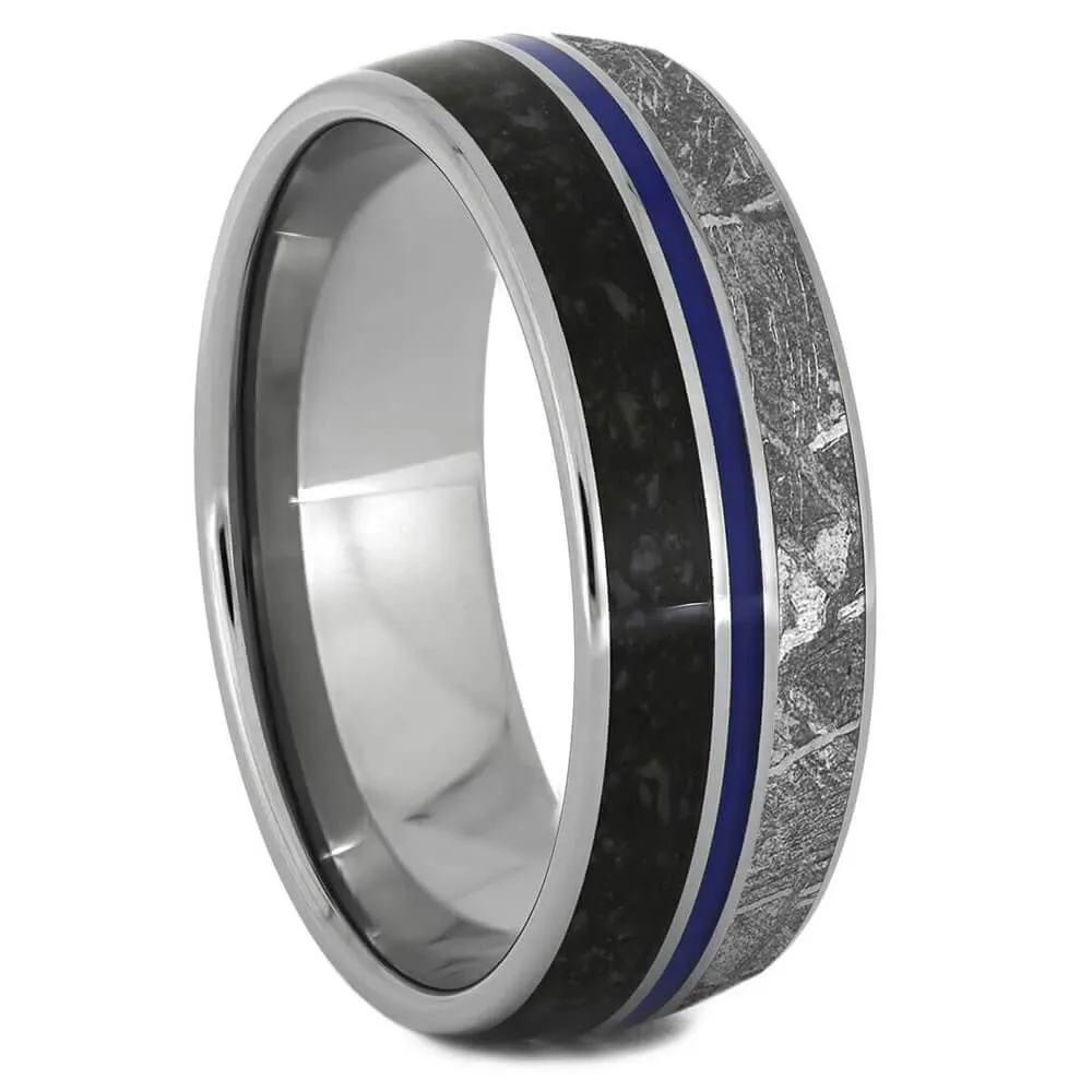 8mm Dinosaur Meteorite Ring with Blue Enamel Pinstripe