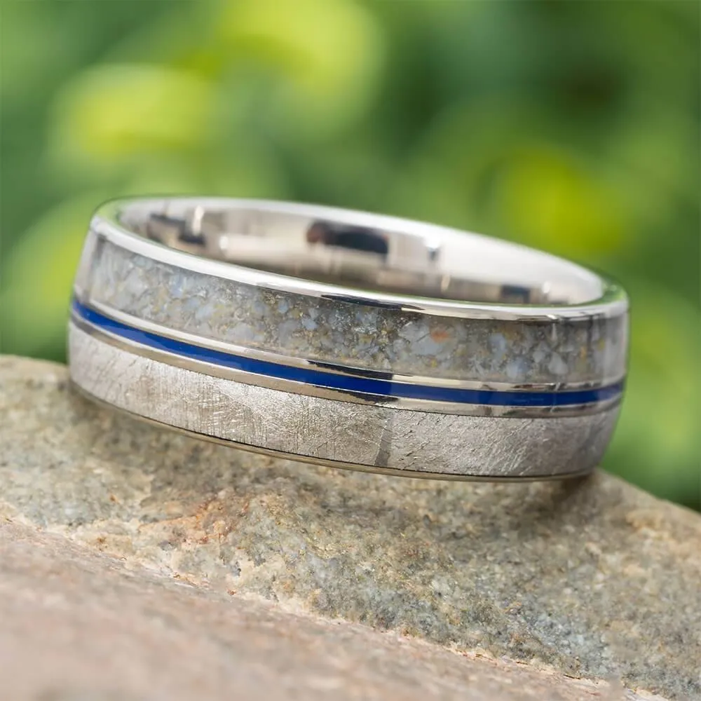 8mm Dinosaur Meteorite Ring with Blue Enamel Pinstripe