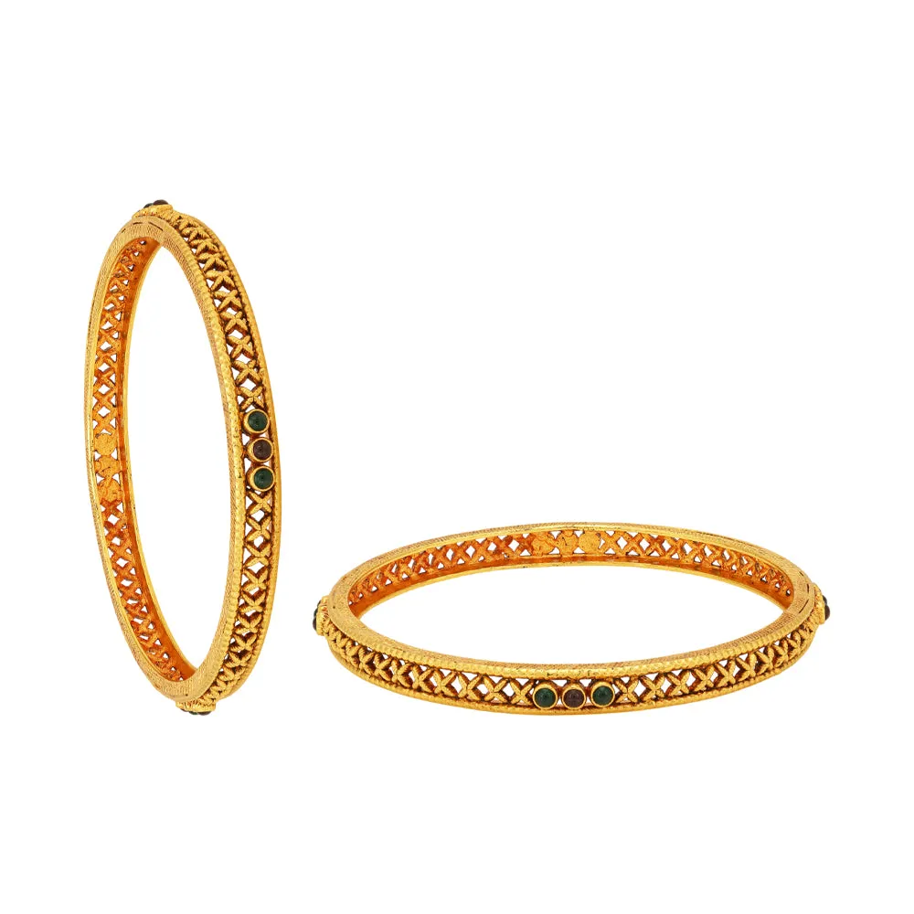 925 Sterling Silver Gold Plated Cross Pattern Green Stoned Bangles For Women