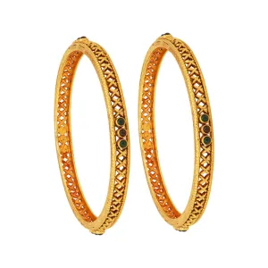 925 Sterling Silver Gold Plated Cross Pattern Green Stoned Bangles For Women