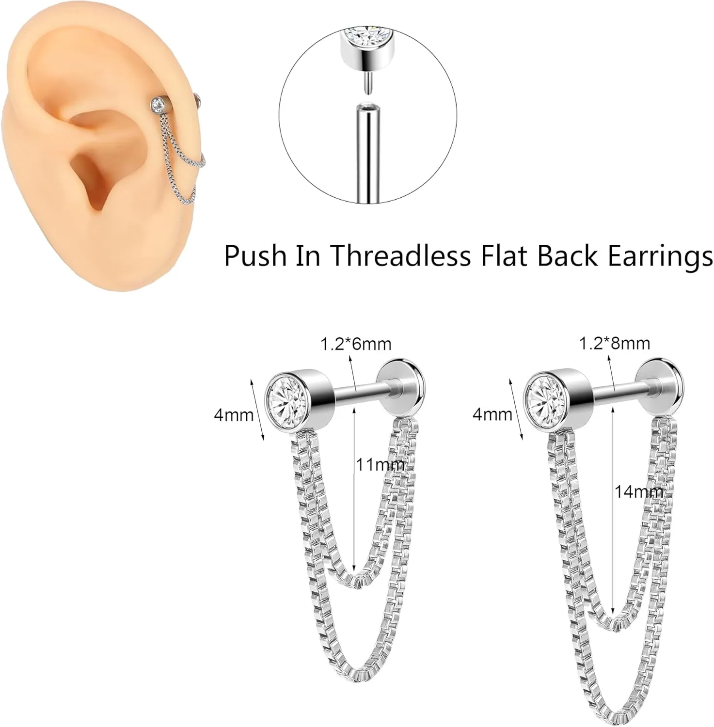 AoedeJ 2 Pairs Stud Earrings for Cartilage - Threadless Flat Back Earrings for Women