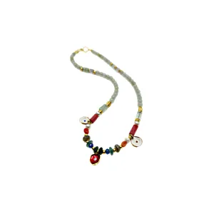 ARTIZ | 'Spring Collection (14)' Necklace | Green aventurine natural stone / coral / pearls / antique glass / enamel pieces