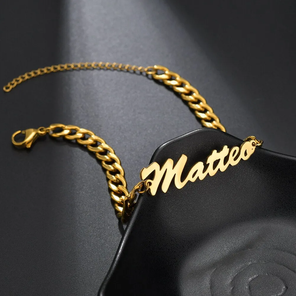 Atoztide Custom Personalized  Name Bracelet  Stainless Steel Charms Handmade Cuban Chain Engraved Handwriting NK Bangle Gift
