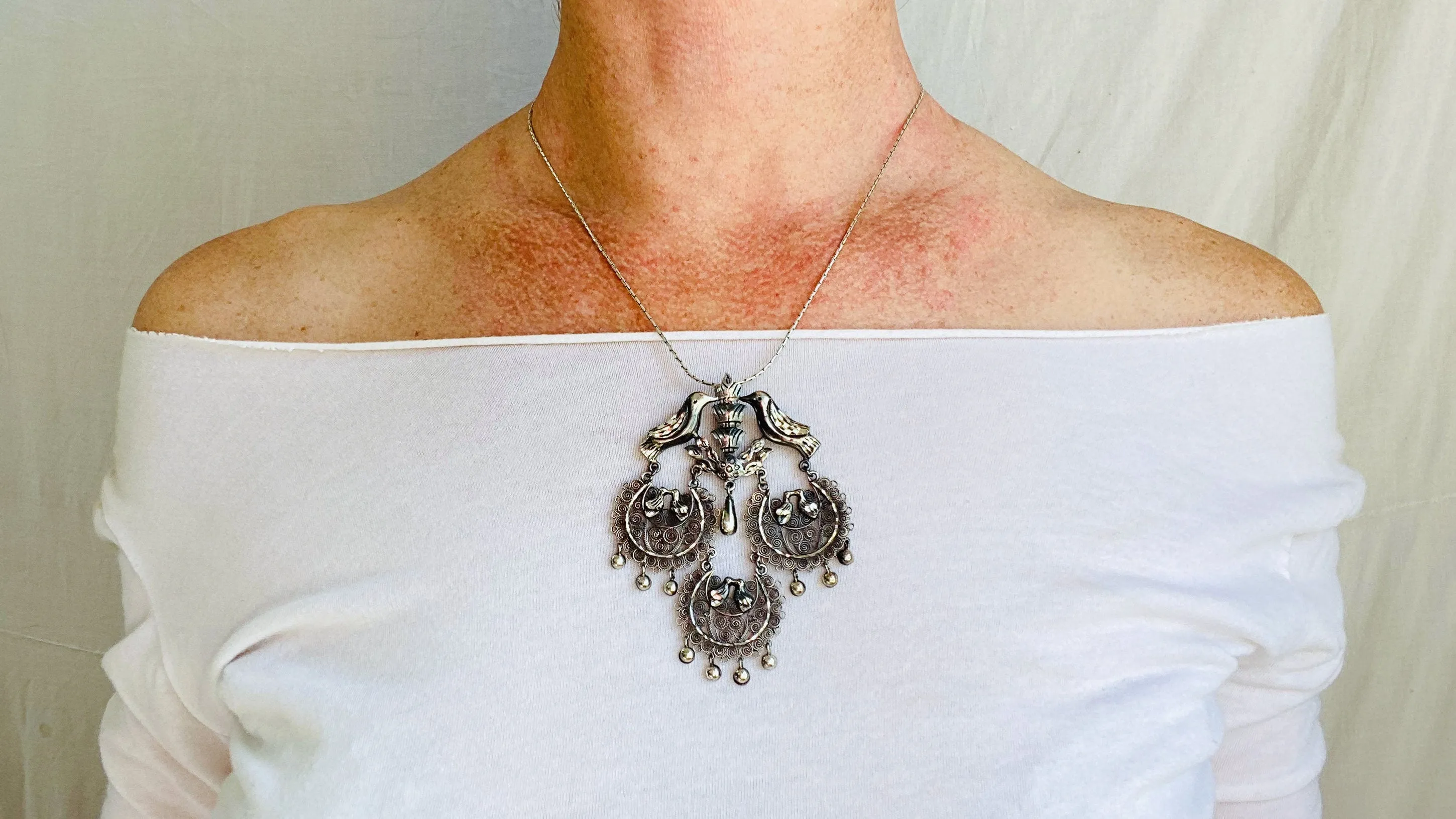 Birds Filigree Pendants Necklace. Mexico. Sterling Silver. 0379