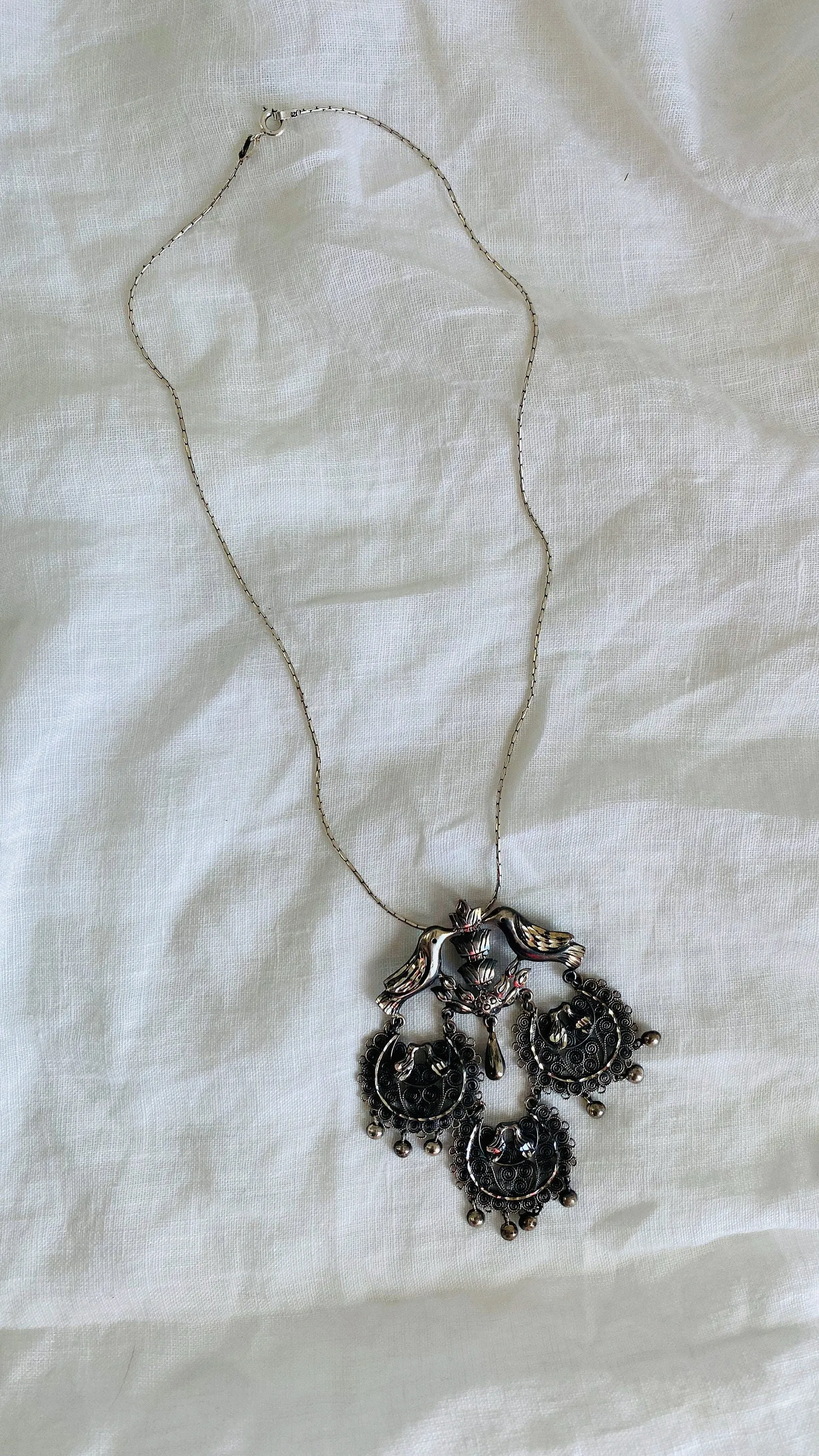Birds Filigree Pendants Necklace. Mexico. Sterling Silver. 0379