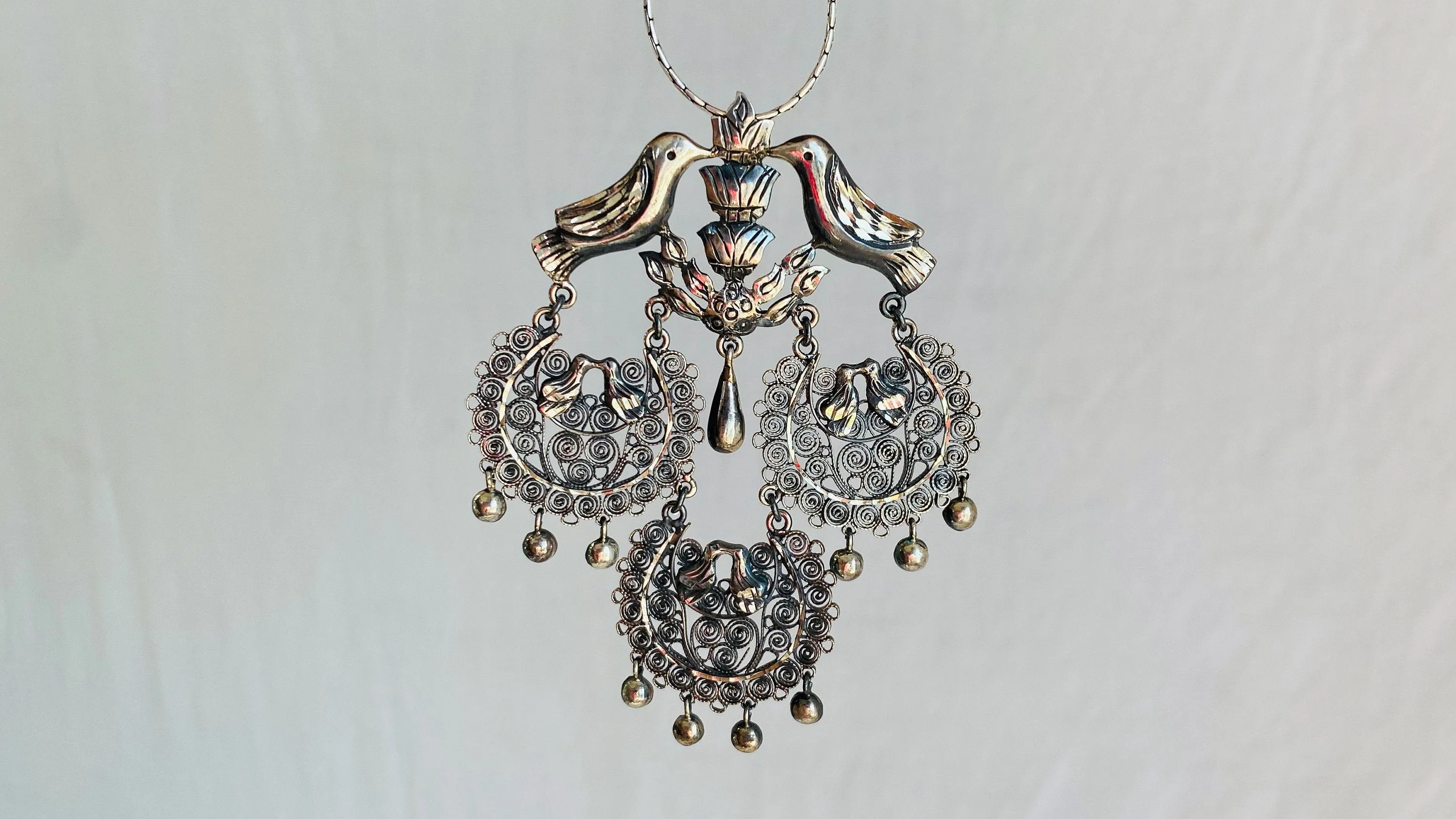 Birds Filigree Pendants Necklace. Mexico. Sterling Silver. 0379
