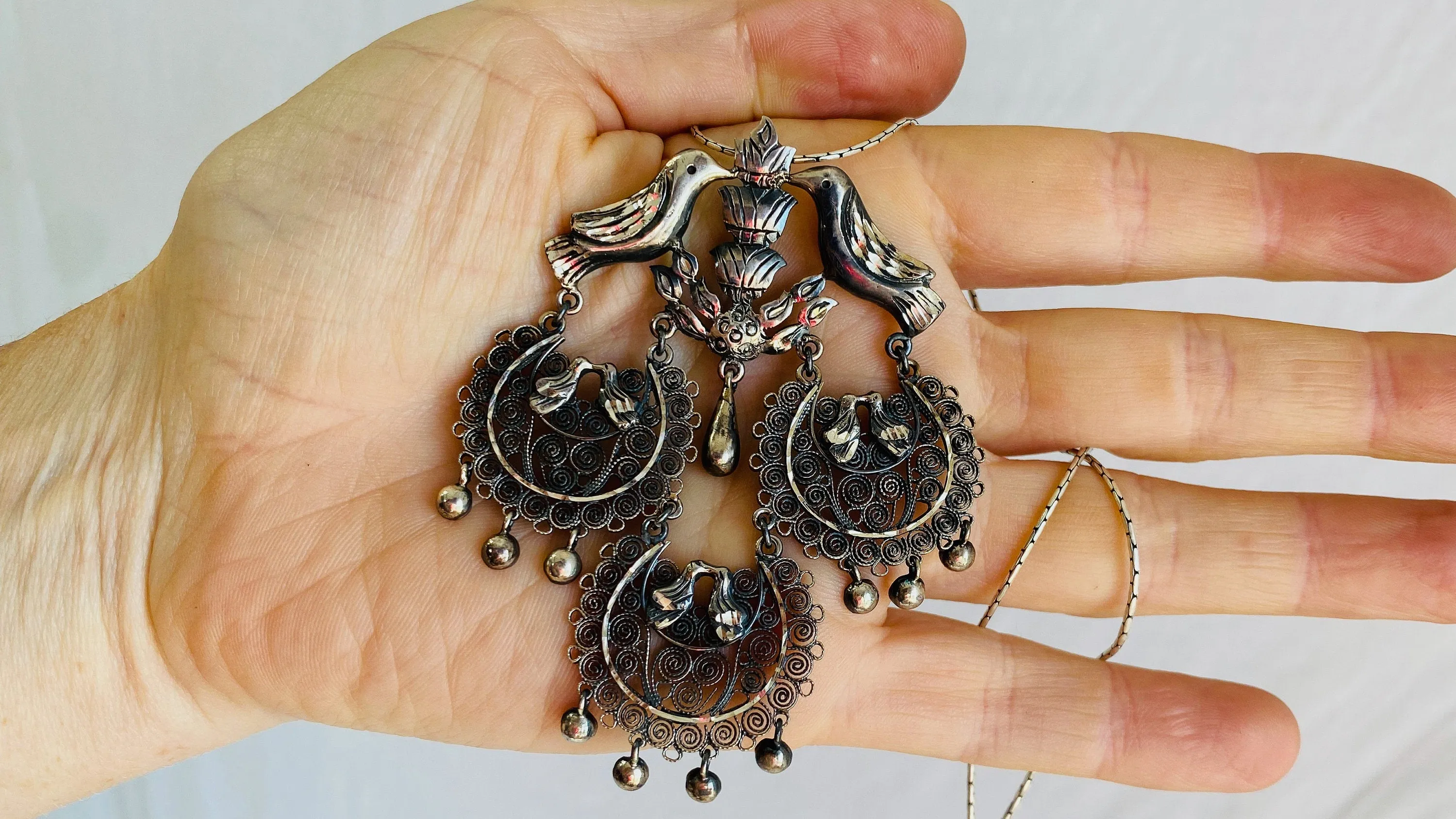 Birds Filigree Pendants Necklace. Mexico. Sterling Silver. 0379