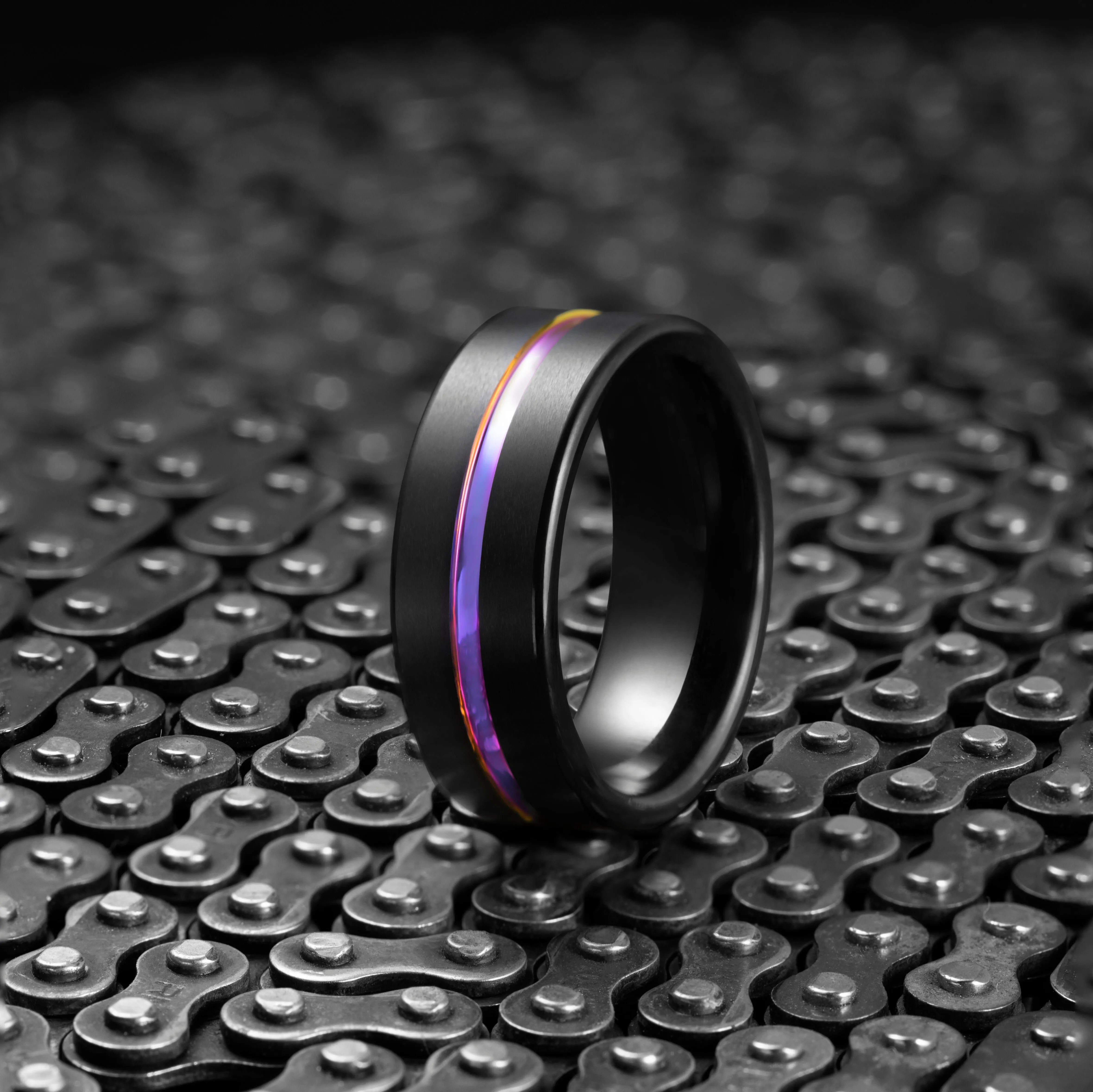Black Tungsten Ring with a Rainbow Band - The Spectre Ring