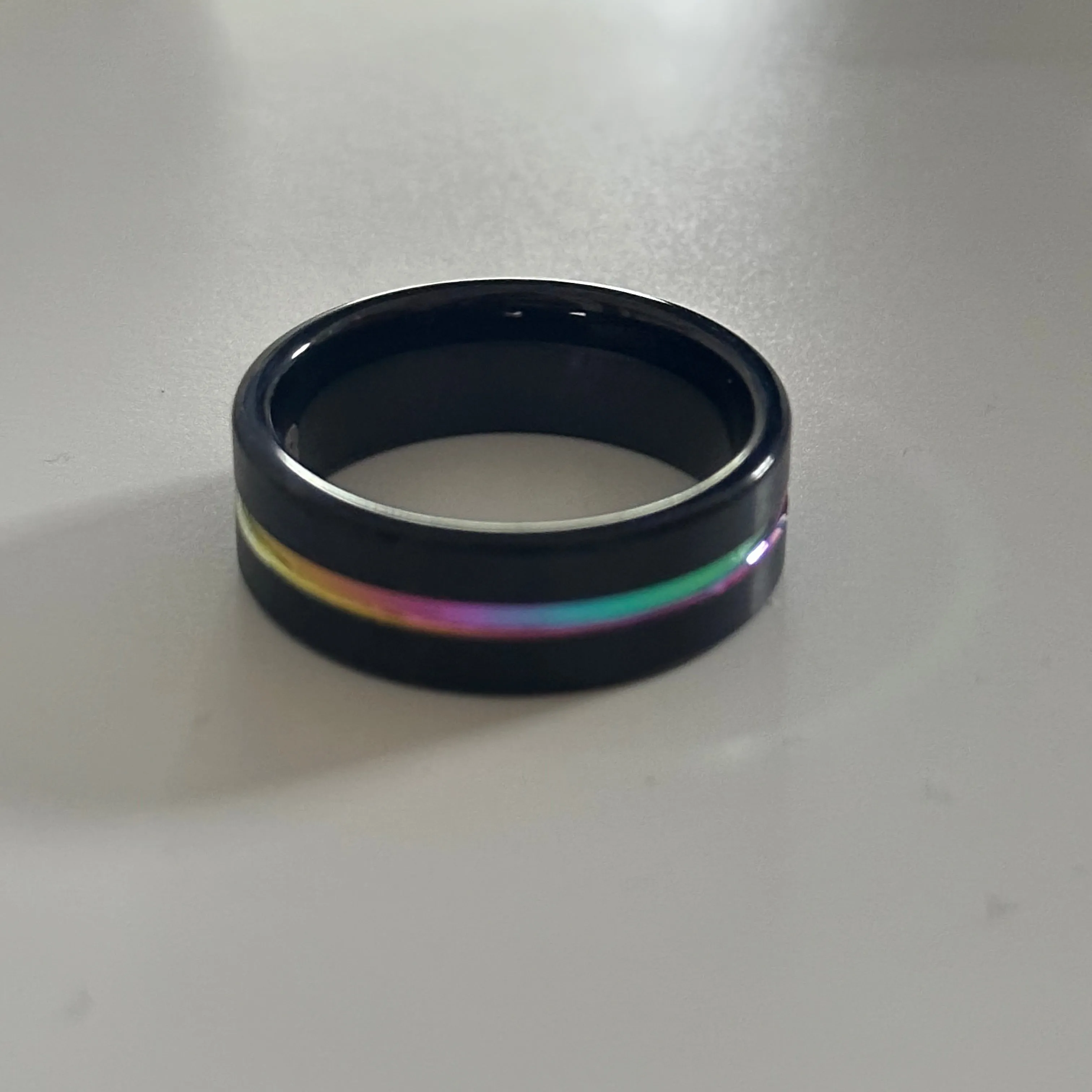 Black Tungsten Ring with a Rainbow Band - The Spectre Ring