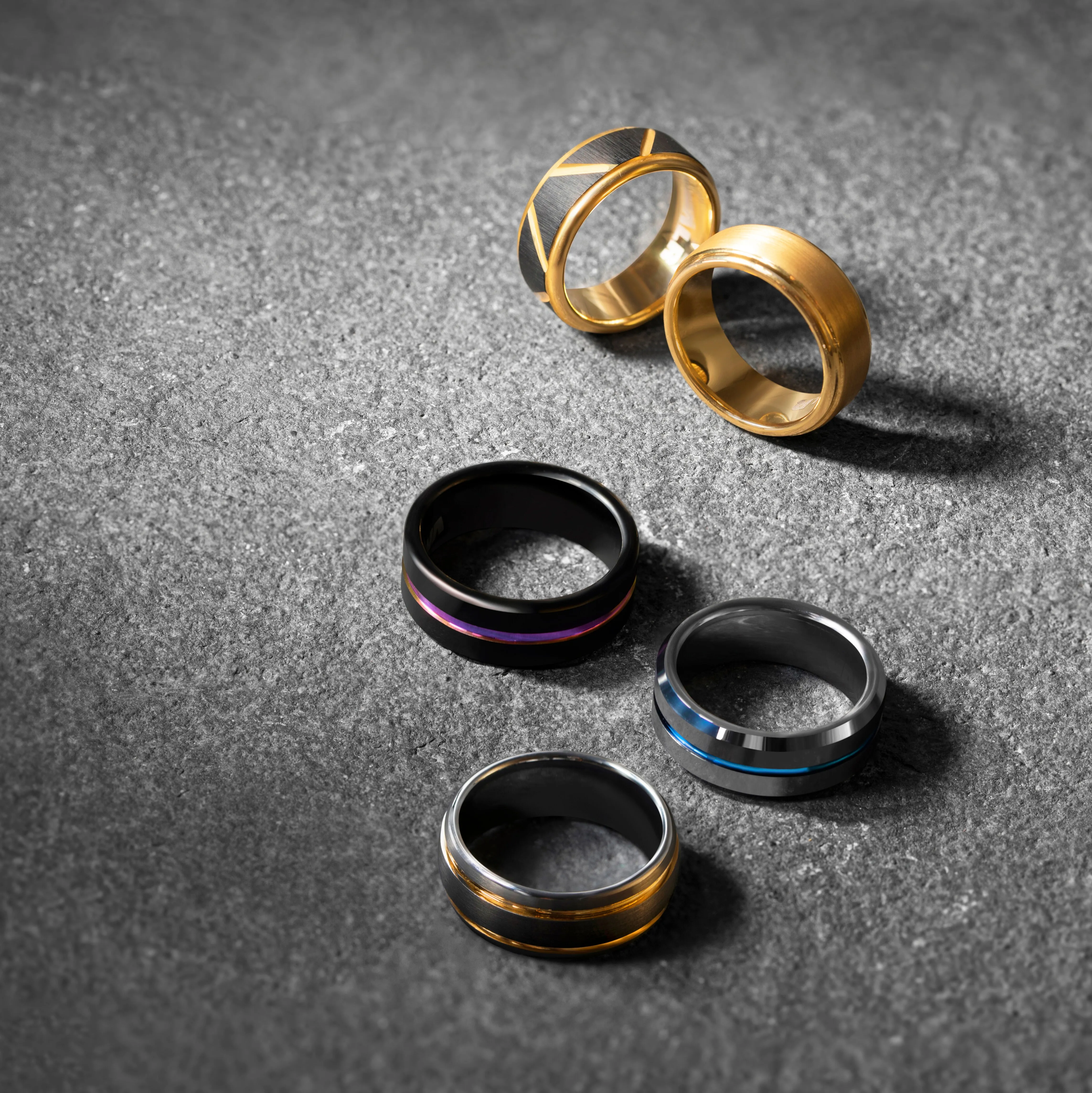 Black Tungsten Ring with a Rainbow Band - The Spectre Ring