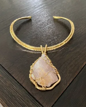 BRASS BRONZE RAW ROSE QUARTZ CHOKER NECKLACE
