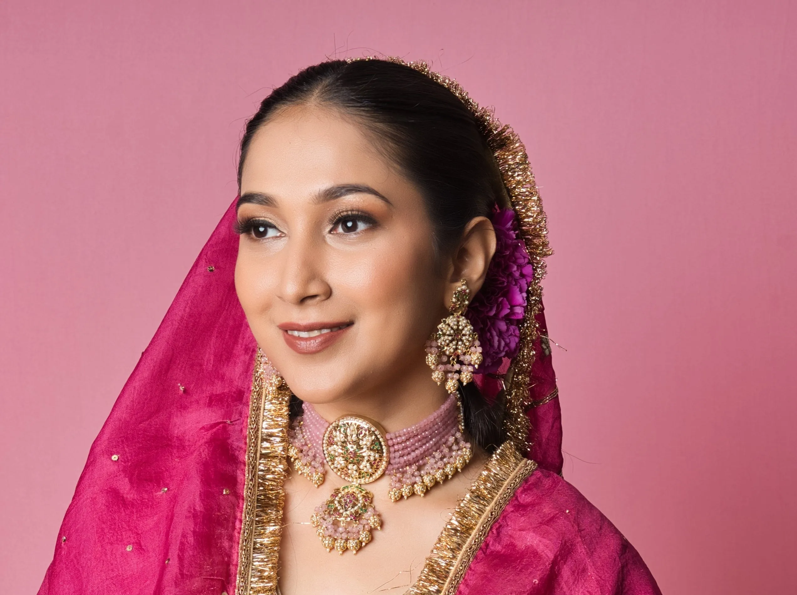 Bridal Beautiful Pink Jadau Choker Set with Earings