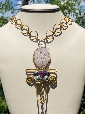 BRONZE SILVER MULTI-STONE ANKH NECKLACE