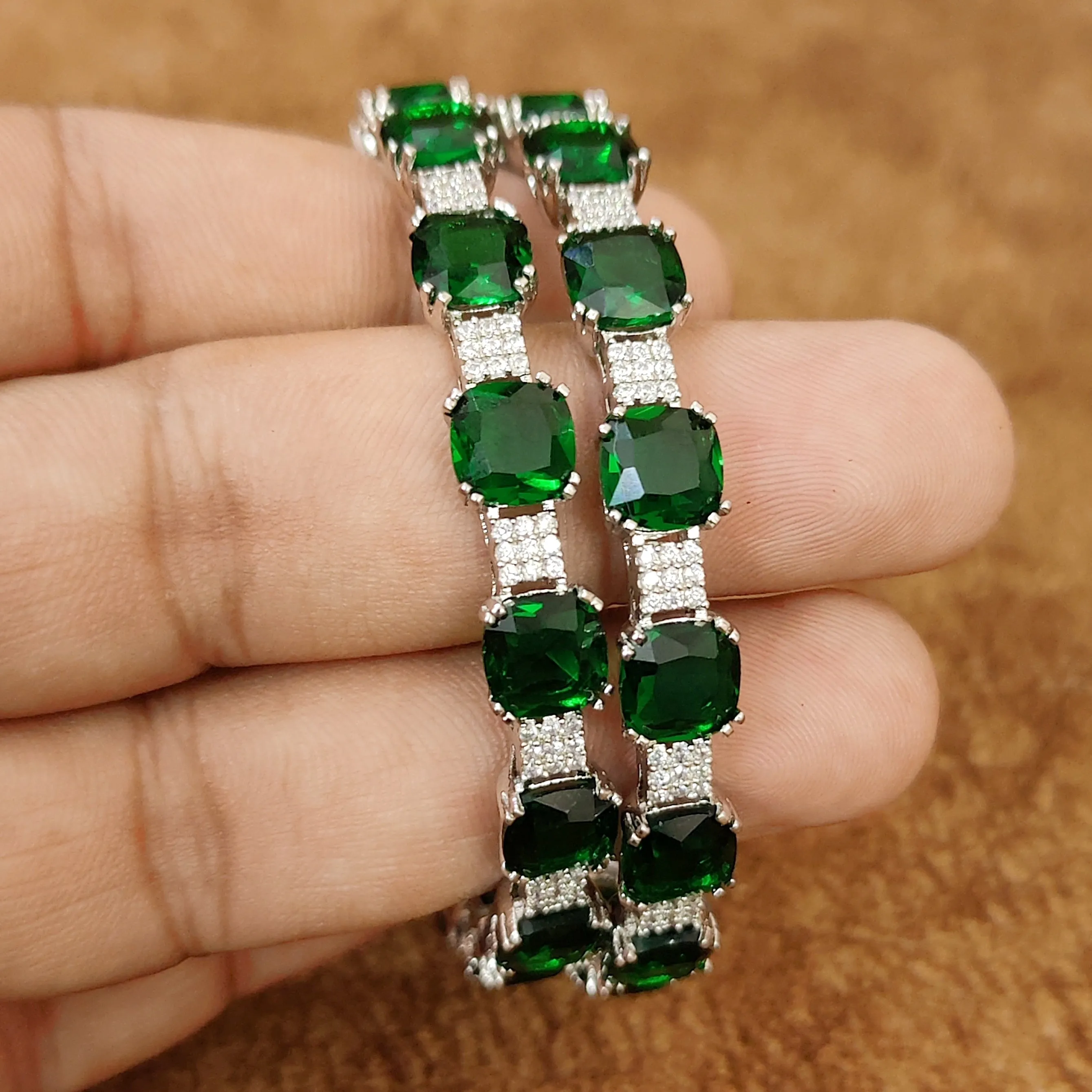 CARTIERR INSPIRED GREEN SILVER PLATED BANGLES