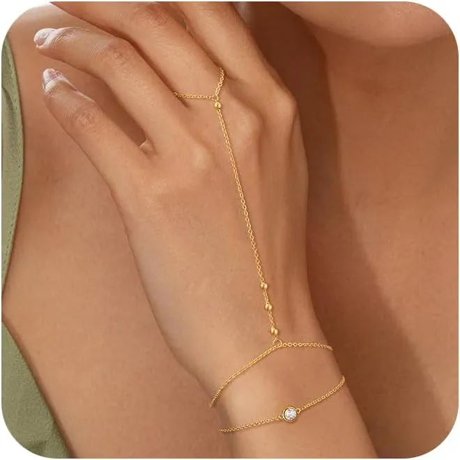 CHESKY 2Pcs Hand Chain Bracelet for Women, Dainty 14k Gold Plated Ring Bracelets Hand Chain Non Tarnish Simple Cuff Evil Eye CZ Bracelets Adjustable Nail Bracelet Gold Hand Jewelry for Women