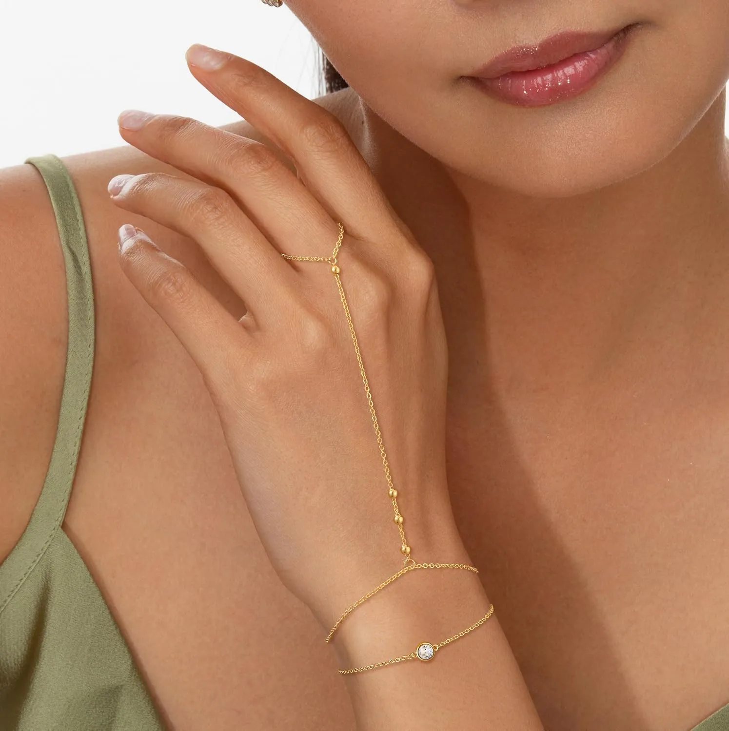 CHESKY 2Pcs Hand Chain Bracelet for Women, Dainty 14k Gold Plated Ring Bracelets Hand Chain Non Tarnish Simple Cuff Evil Eye CZ Bracelets Adjustable Nail Bracelet Gold Hand Jewelry for Women