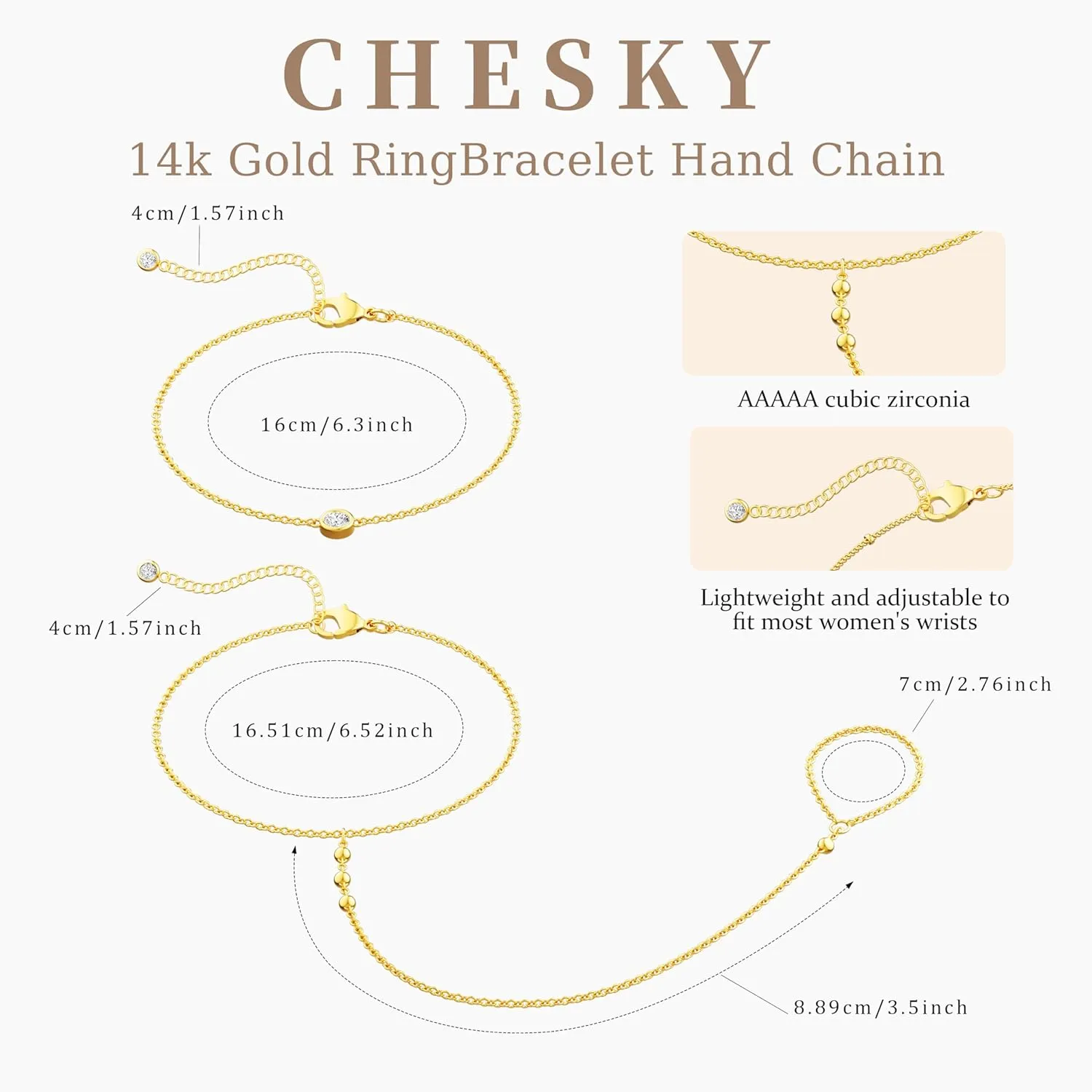 CHESKY 2Pcs Hand Chain Bracelet for Women, Dainty 14k Gold Plated Ring Bracelets Hand Chain Non Tarnish Simple Cuff Evil Eye CZ Bracelets Adjustable Nail Bracelet Gold Hand Jewelry for Women