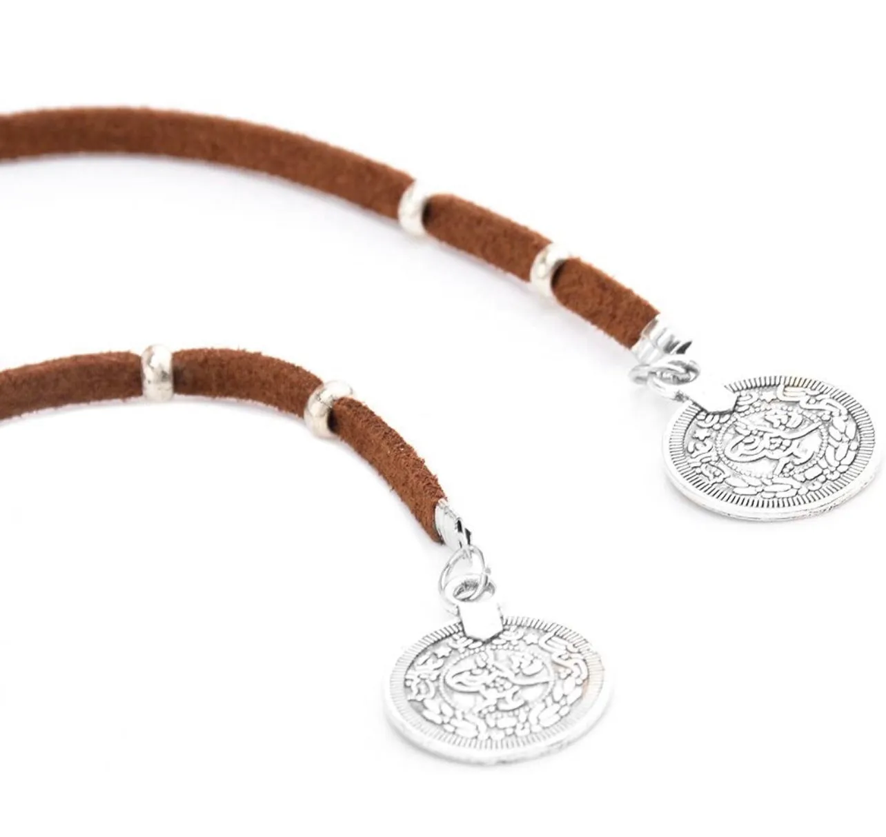 Choker Boho Silver Fortune Coin Long Suede Leather Wrap Necklace