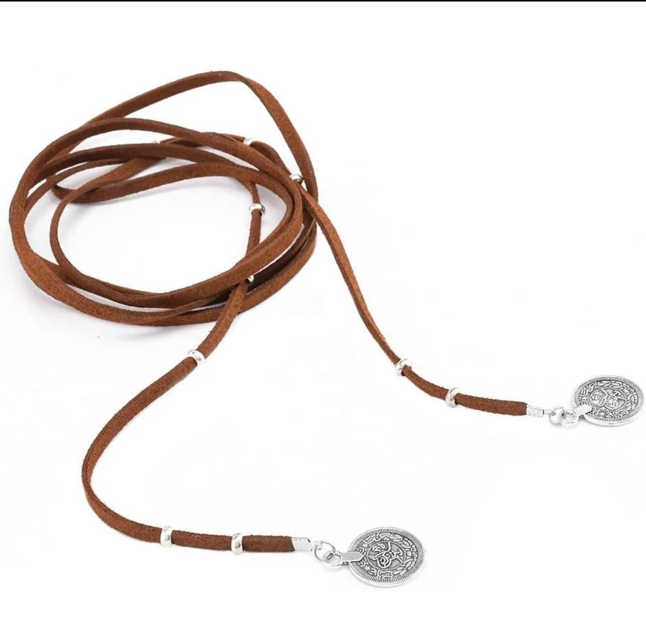 Choker Boho Silver Fortune Coin Long Suede Leather Wrap Necklace