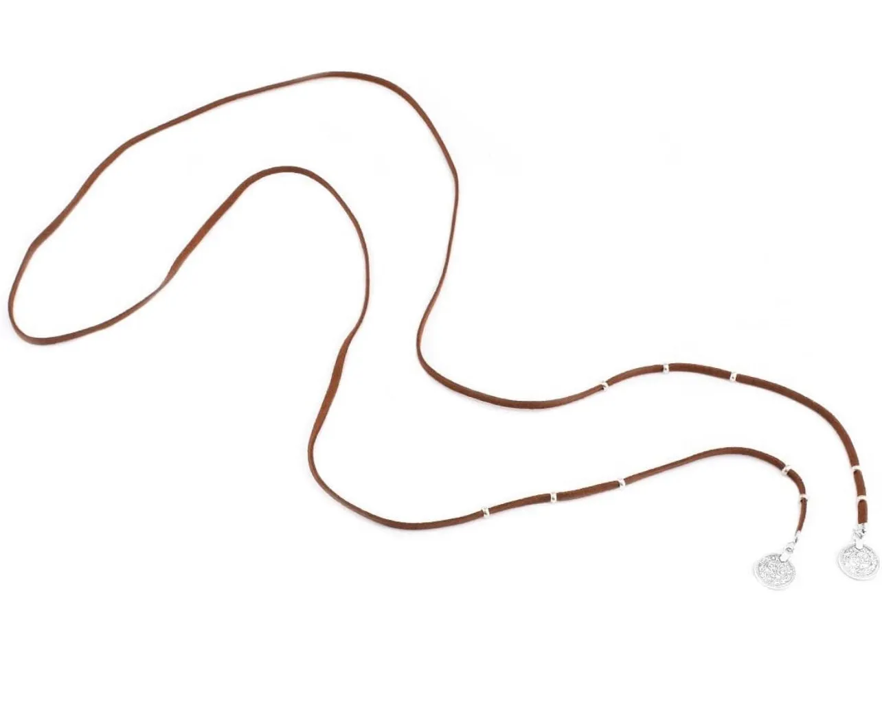 Choker Boho Silver Fortune Coin Long Suede Leather Wrap Necklace