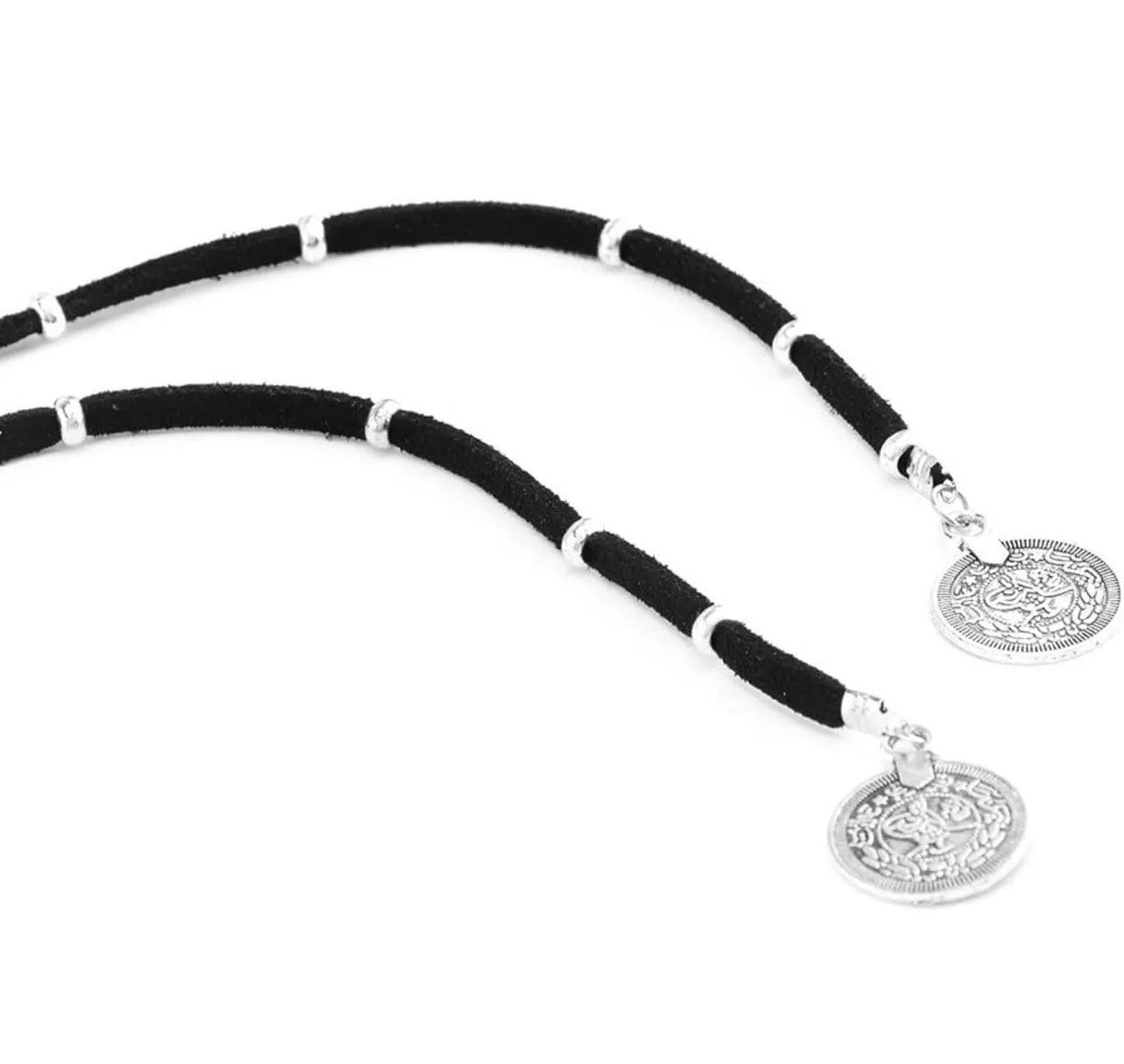 Choker Boho Silver Fortune Coin Long Suede Leather Wrap Necklace