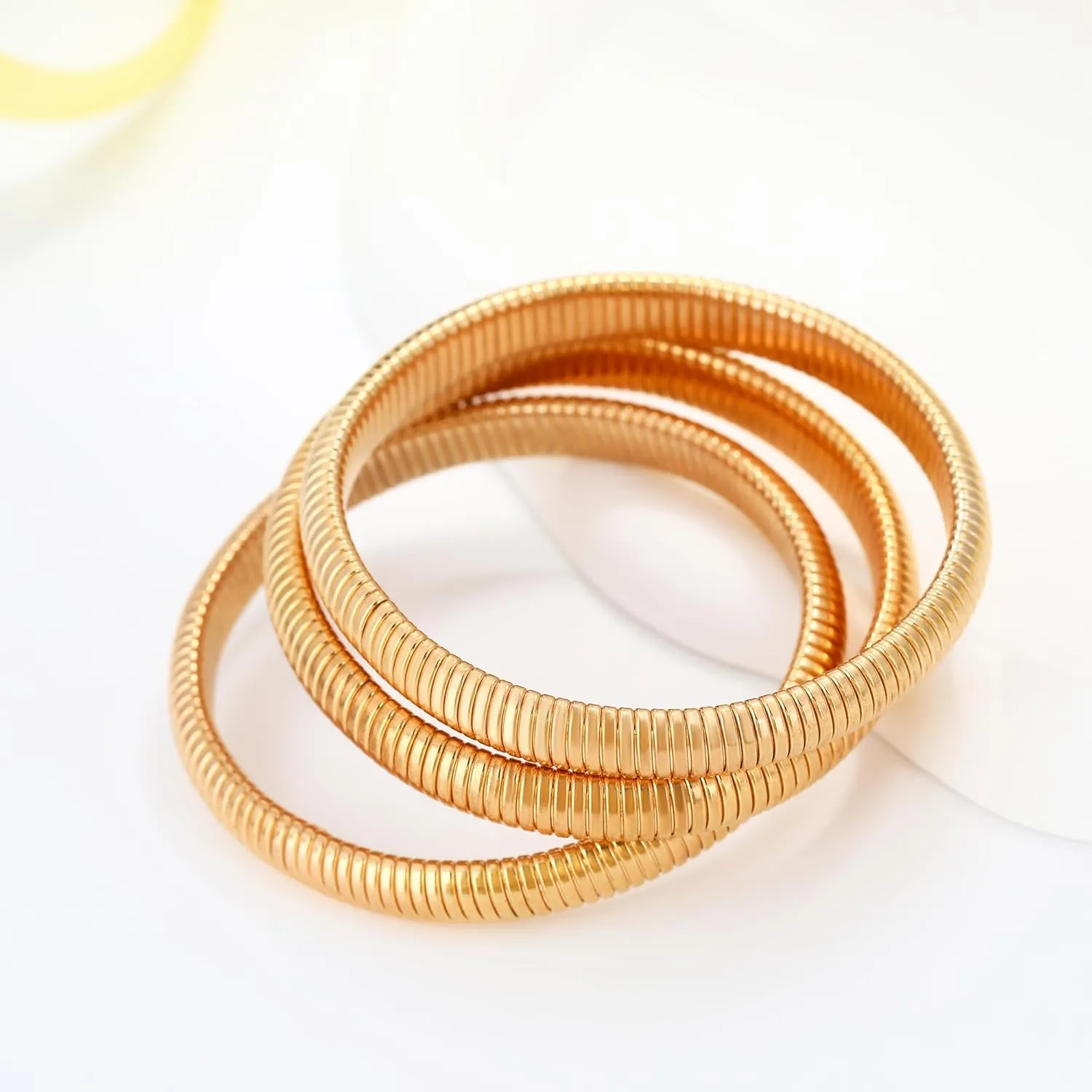 Chunky Gold Beaded Bangle Bracelet Set Stack for Women Men Stretchy Snake Link Chain Flexible Wide Wristband Bangles Bracelets