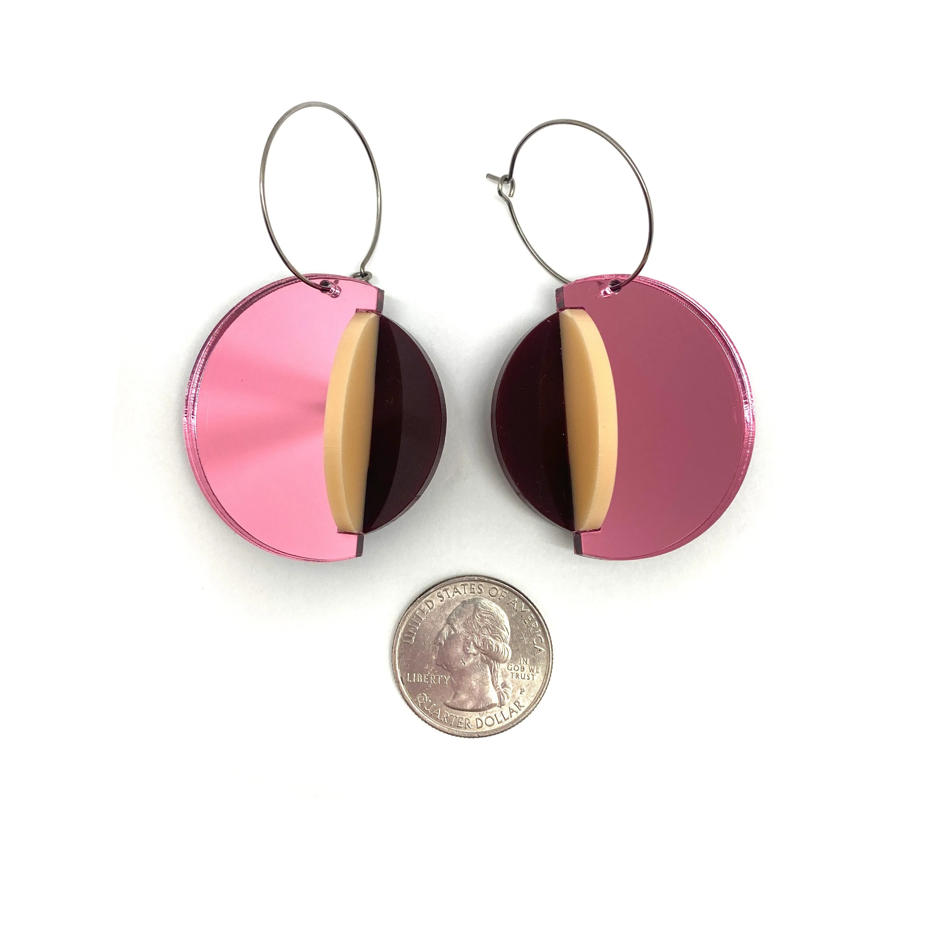 Circular Pink Mirror Earrings - Large