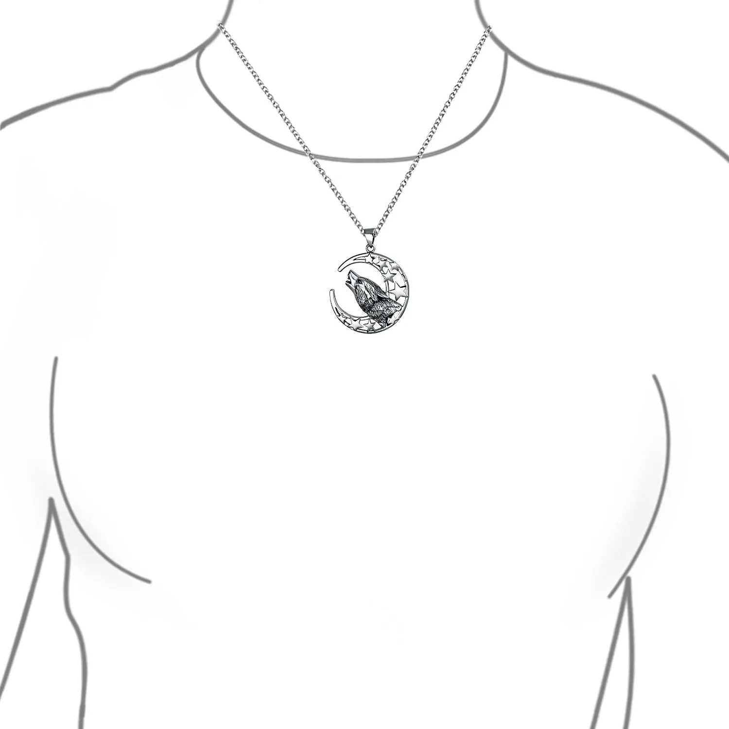 Crescent Moon & Stars Pendant Necklace Werewolf Howling Wolf Oxidized Silver