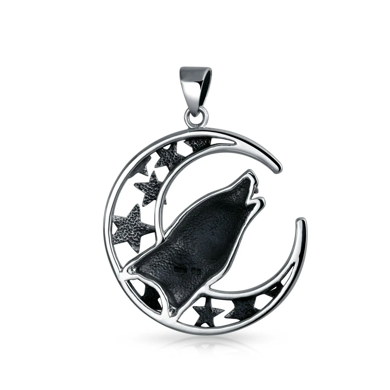 Crescent Moon & Stars Pendant Necklace Werewolf Howling Wolf Oxidized Silver