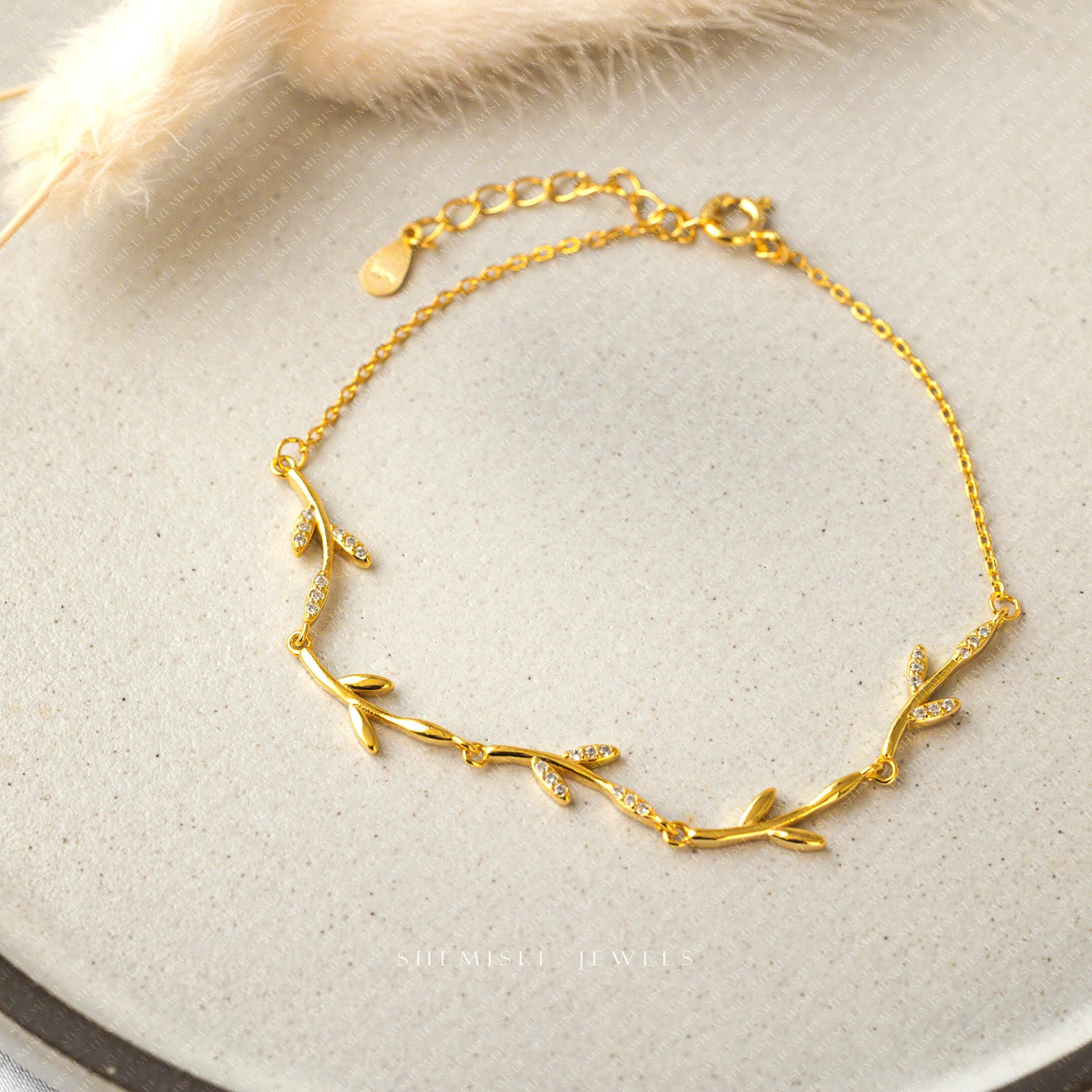 Dainty Leaf CZ Links Bracelet, Silver or Gold Plated  (6.25"   1.25") SHEMISLI - SB009