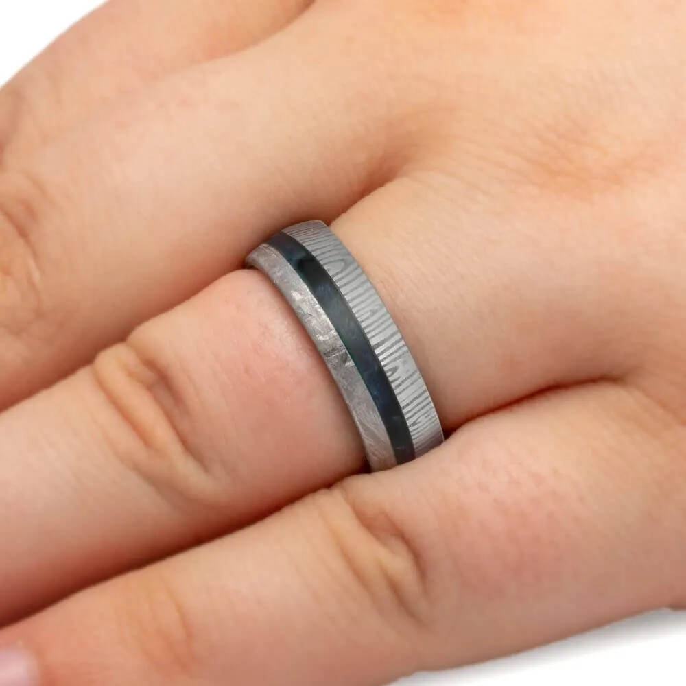 Damascus Wedding Band with Meteorite and Blue Wood