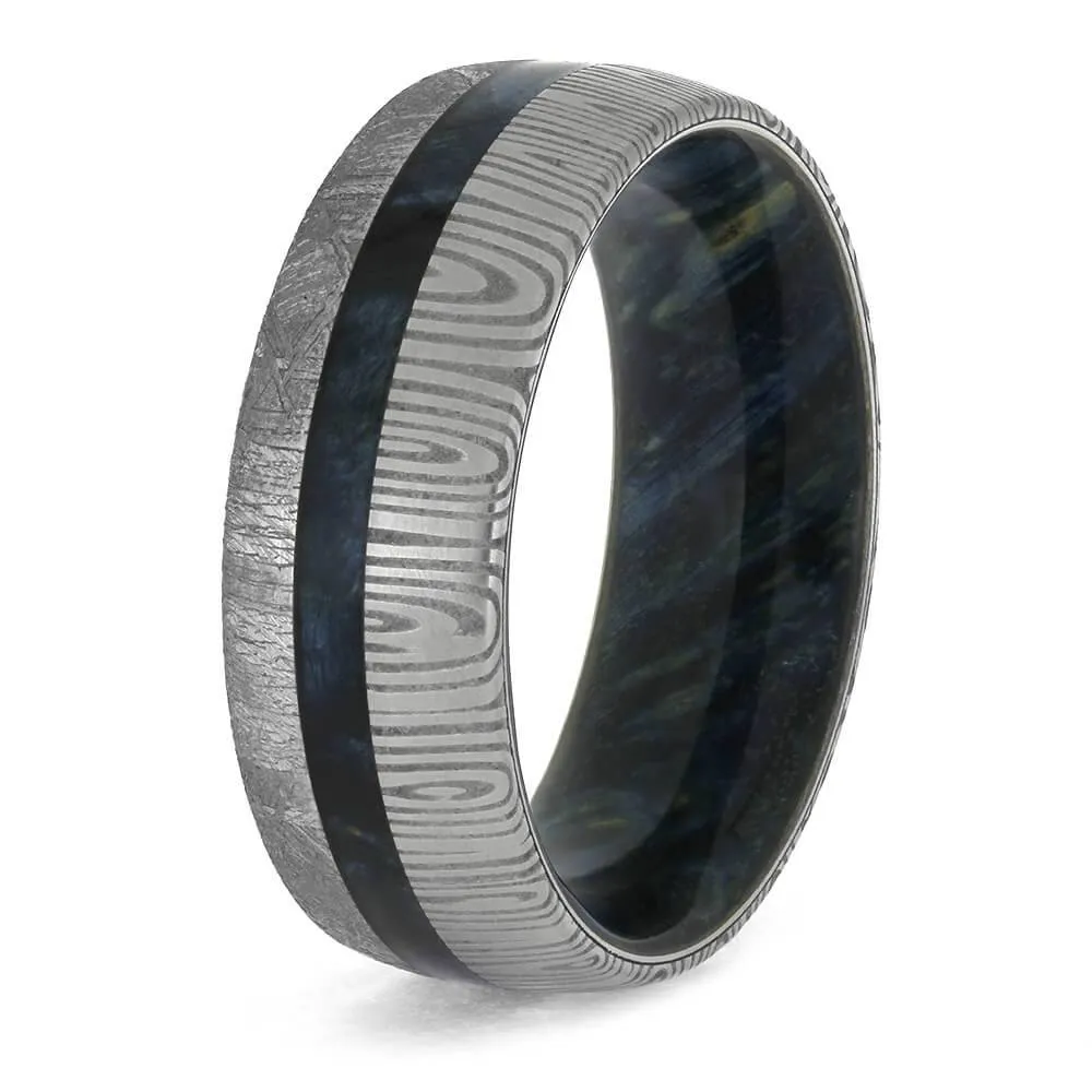 Damascus Wedding Band with Meteorite and Blue Wood