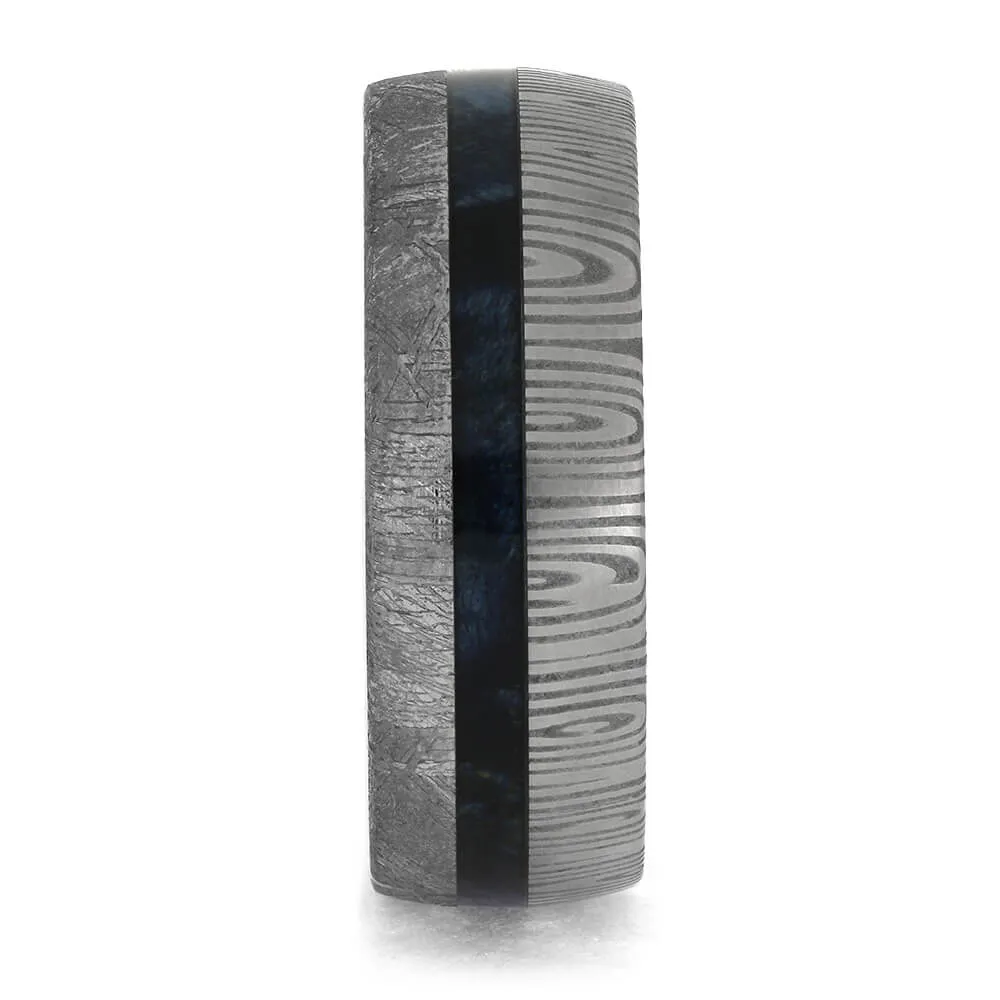 Damascus Wedding Band with Meteorite and Blue Wood