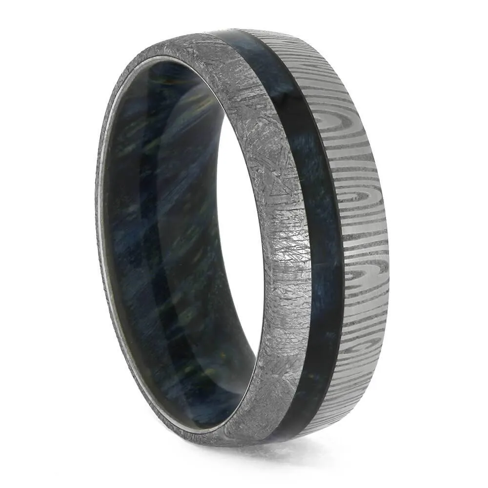 Damascus Wedding Band with Meteorite and Blue Wood