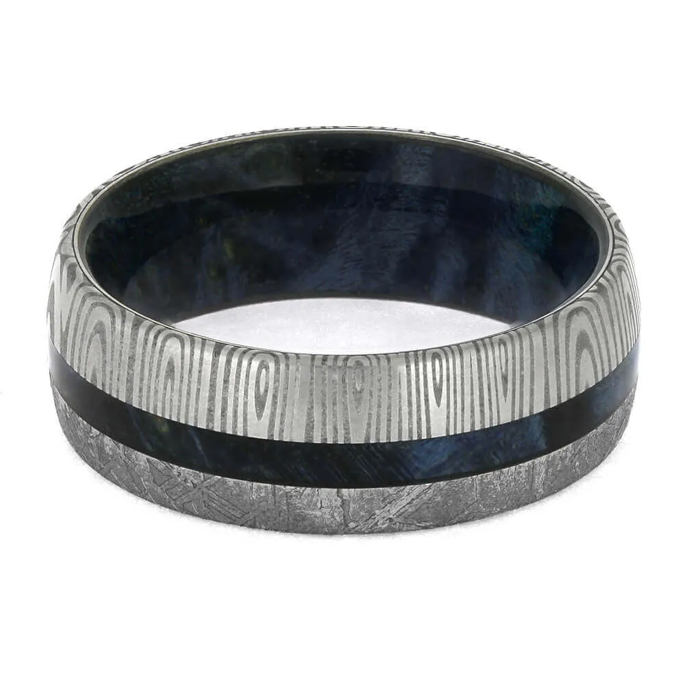 Damascus Wedding Band with Meteorite and Blue Wood