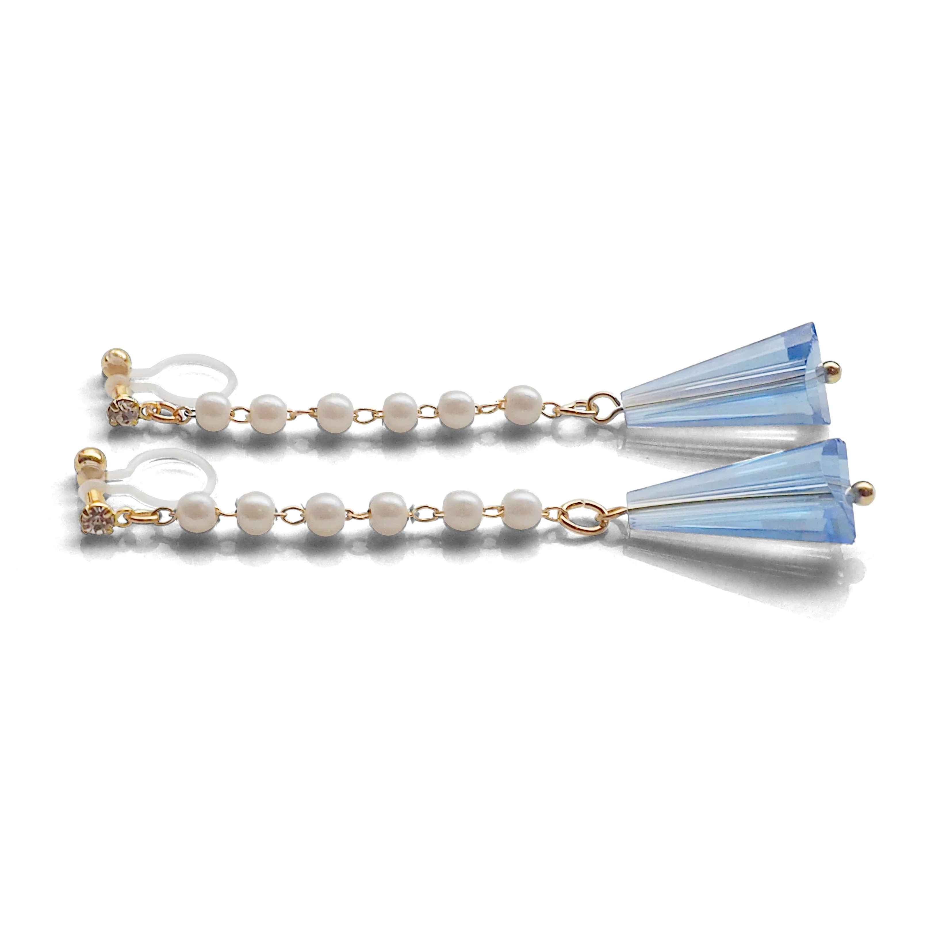Dangle white pearl with triangle blue crystal invisible clip on earrings