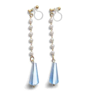 Dangle white pearl with triangle blue crystal invisible clip on earrings
