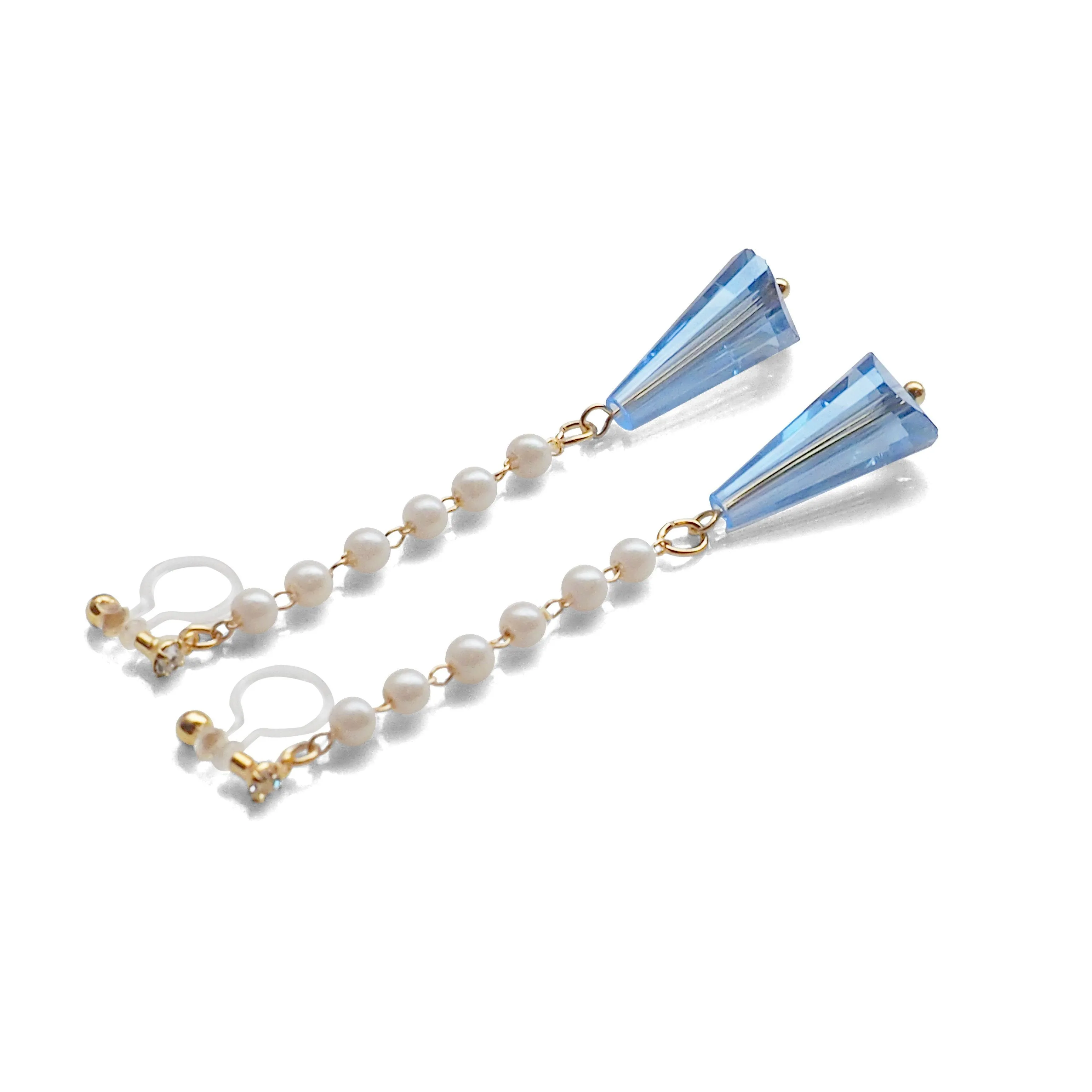 Dangle white pearl with triangle blue crystal invisible clip on earrings