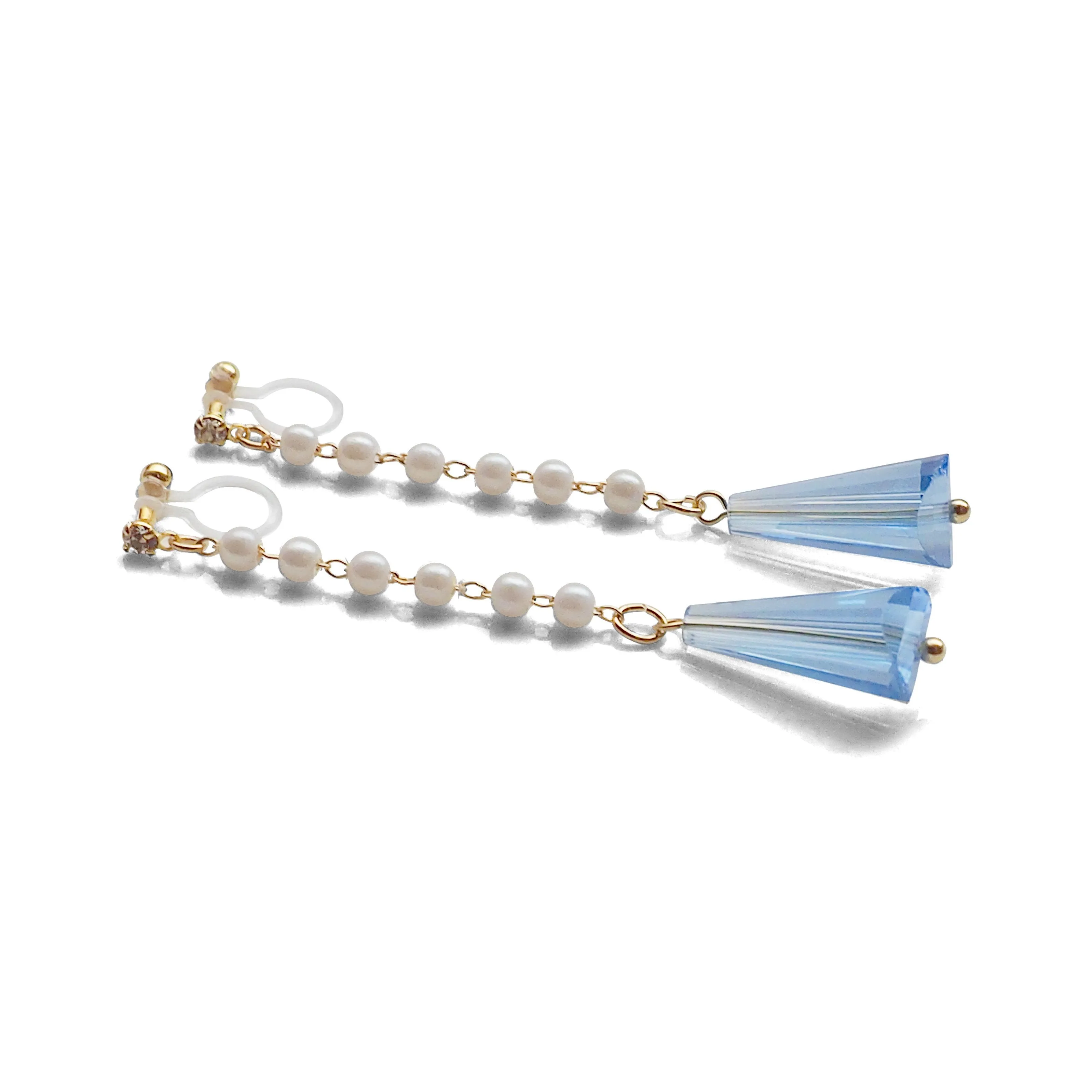 Dangle white pearl with triangle blue crystal invisible clip on earrings