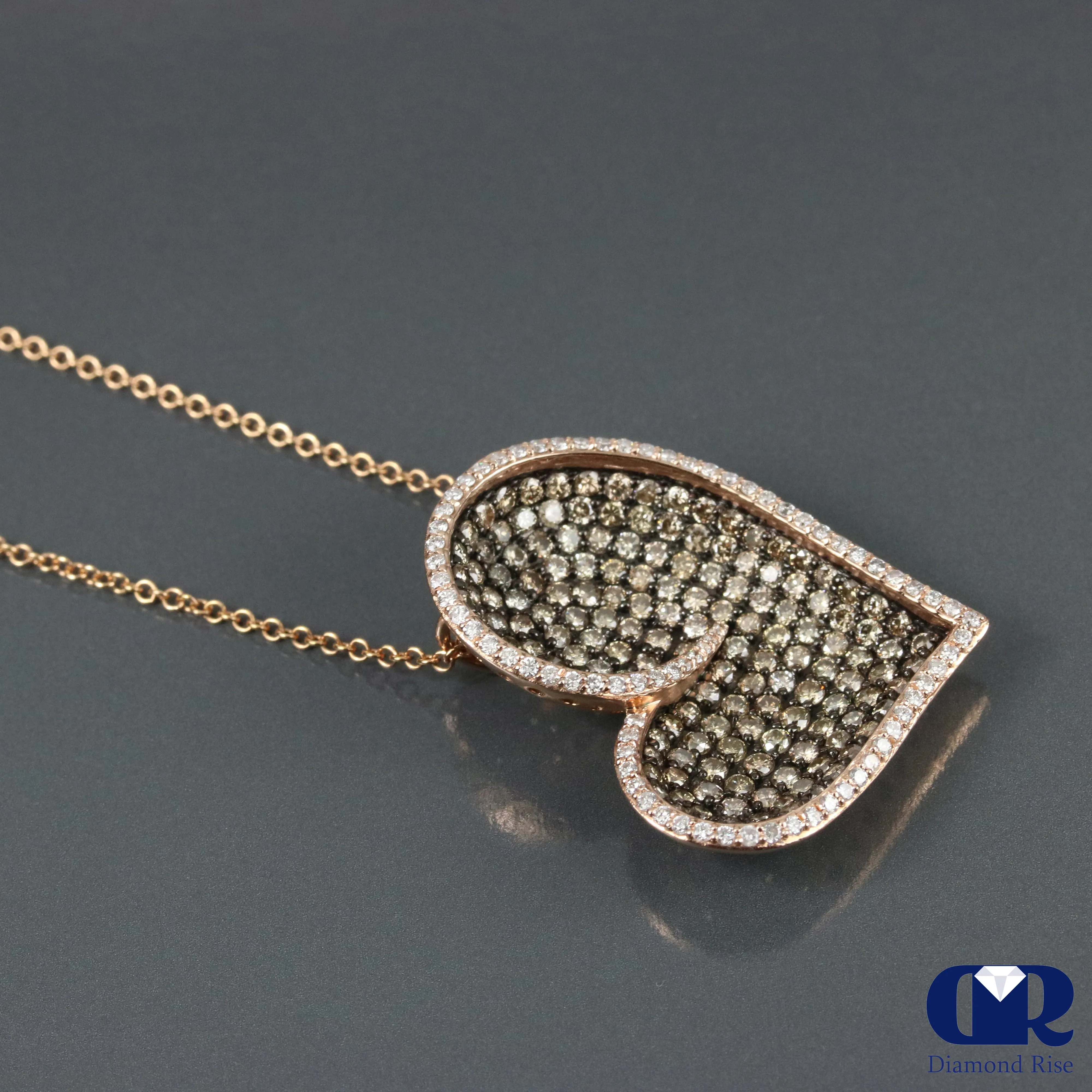 Diamond Unique Heart Shaped Pendant In 14K Rose Gold With 16" Chain