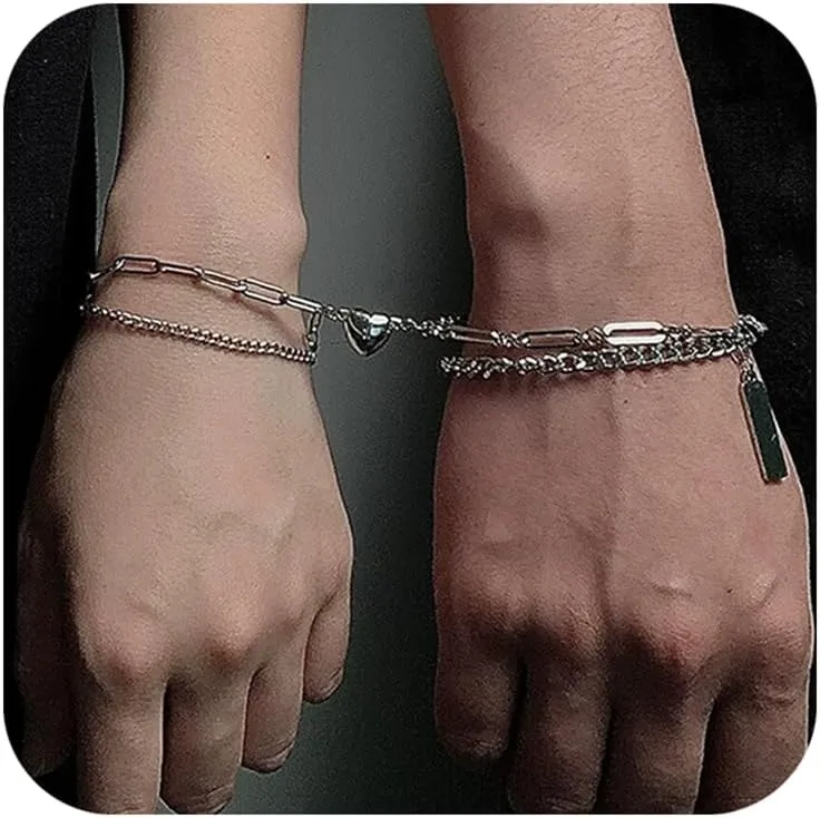 eartif Couples Matching Bracelets for BF and GF Adjustable Punk Layered Heart Stainless Steel Bracelet for Women Men His and Her Bracelets Friendship Relationship Bracelet Couples Jewelry Gifts 2PCS