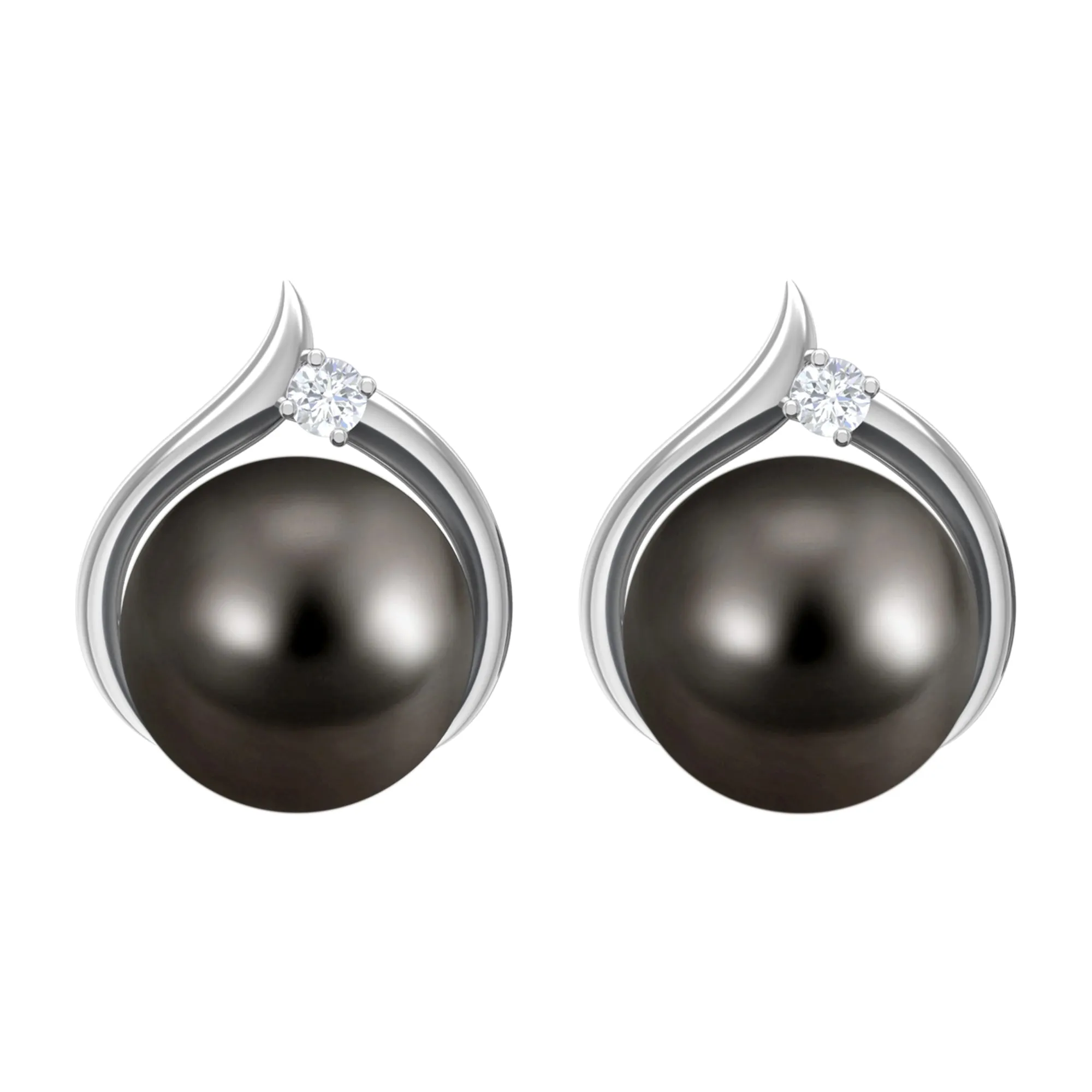 Elegant Black Pearl Solitaire Stud Earrings with Diamond