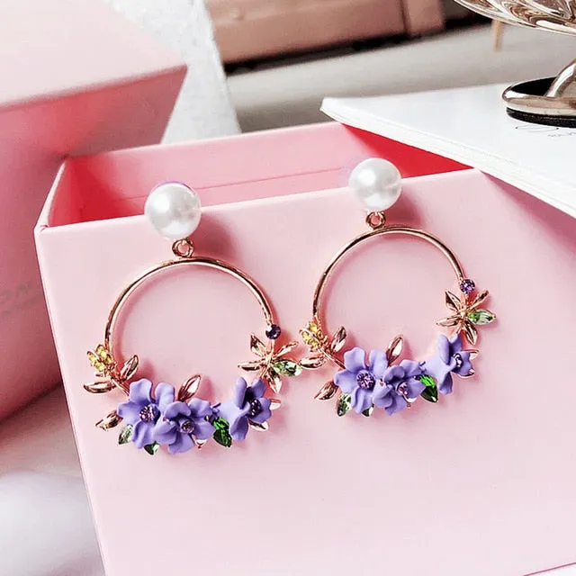 Elegant Rhinestone Flower Big Round Circle Drop Earrings