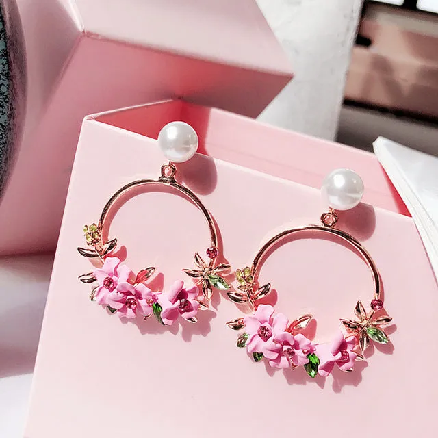 Elegant Rhinestone Flower Big Round Circle Drop Earrings