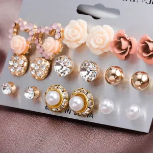 Elegant Women's Pearl Flower Crystal Studs Earrings